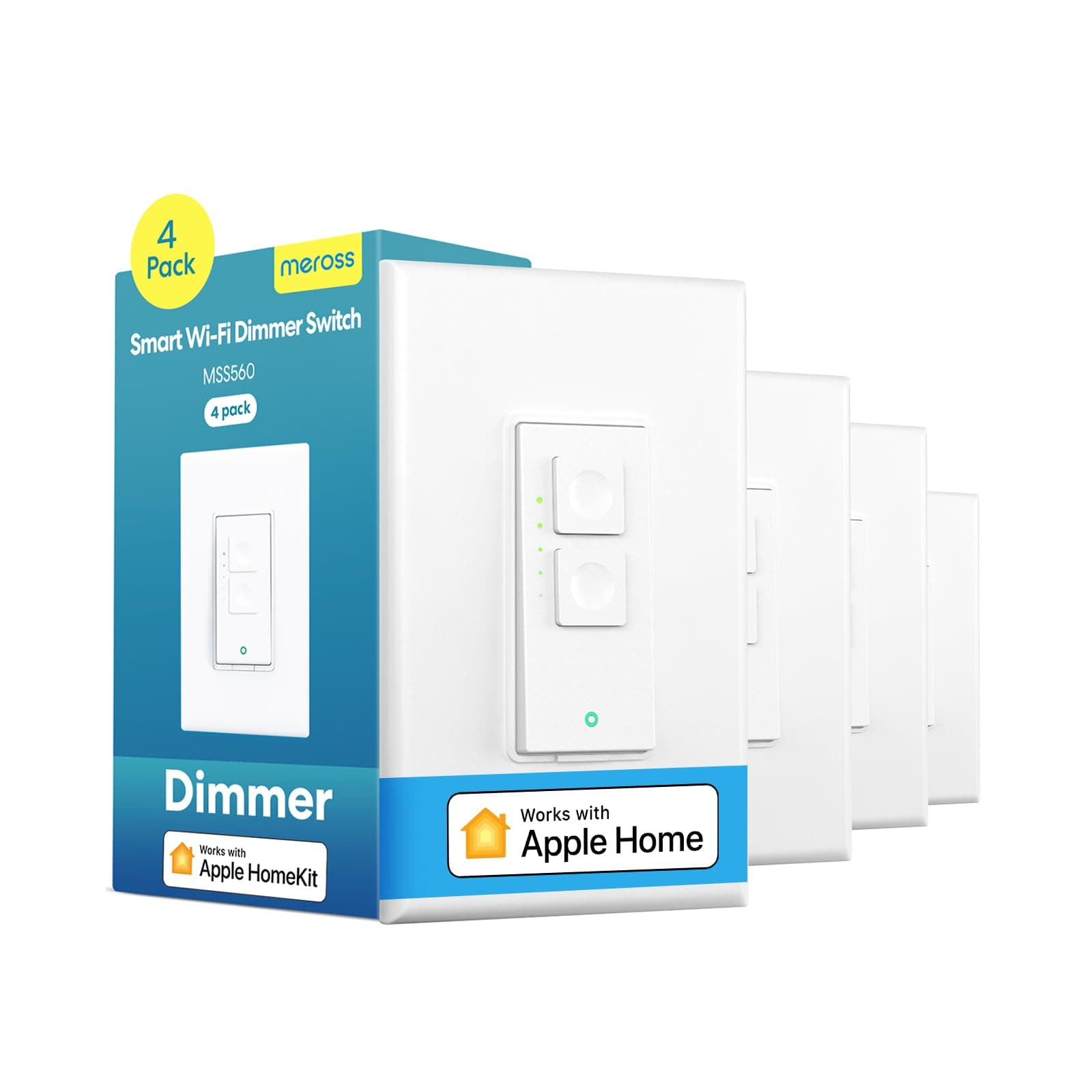 meross 4 Pack Smart Dimmer Switch Single Pole Supports Apple HomeKit, Alexa Google Assistant & SmartThings, 2.4Ghz WiFi Light Switch for Dimmable LED, Neutral Wire Required, Remote Control Schedule
