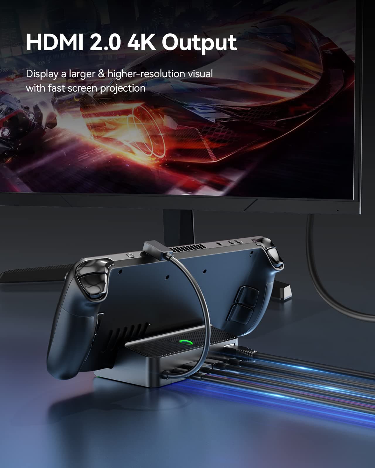 5-in-1 Steam Deck Dock with LED Light, Gigabit Ethernet, HD 2.0, 2 USB-A, 100W Full Speed Charging Port, Black, Compatible with Steam Deck