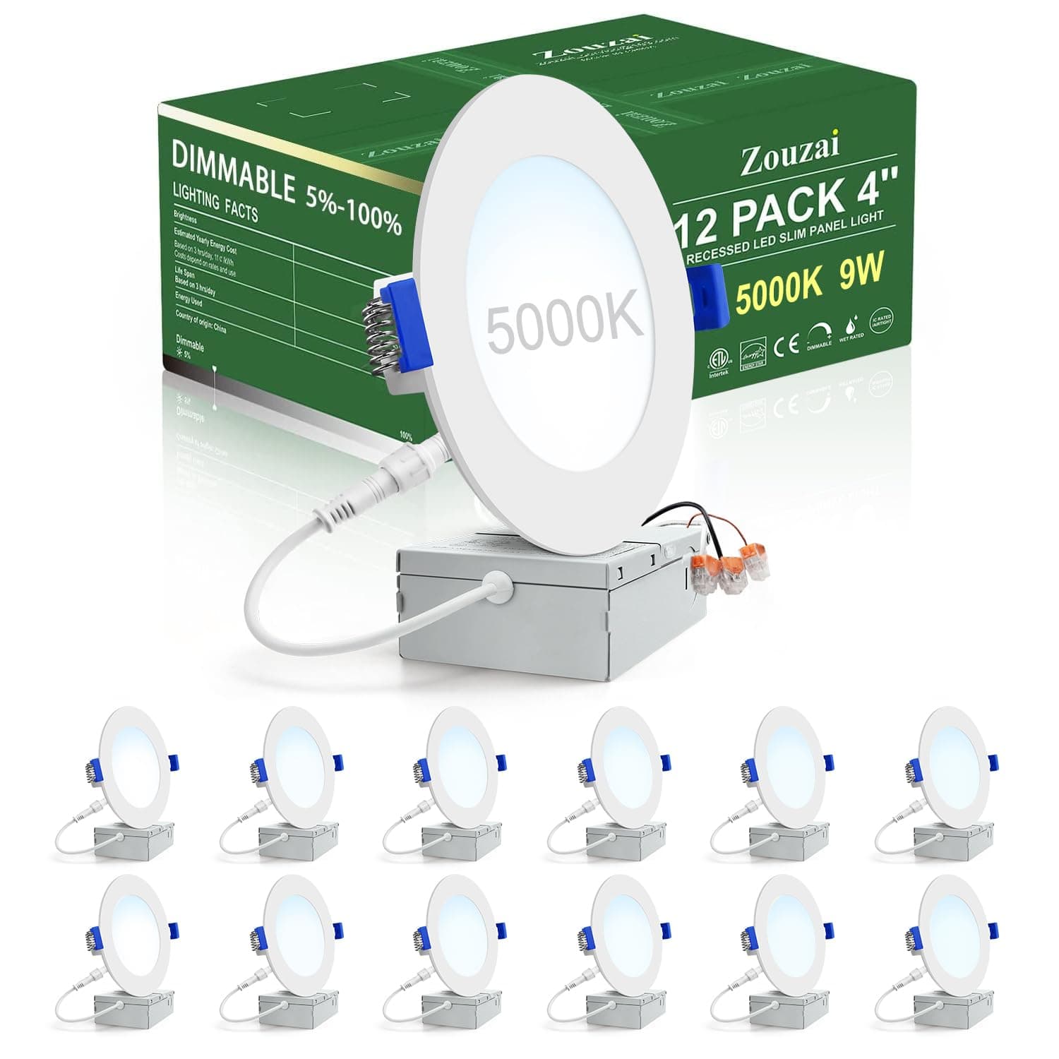 zouzai 12 Pack 4 Inch Ultra-Thin LED Recessed Ceiling Light with Junction Box, 5000K Daylight, 9W Eqv 80W, Dimmable Canless Wafer Downlight, 810LM High Brightness, ETL and Energy Star Certified