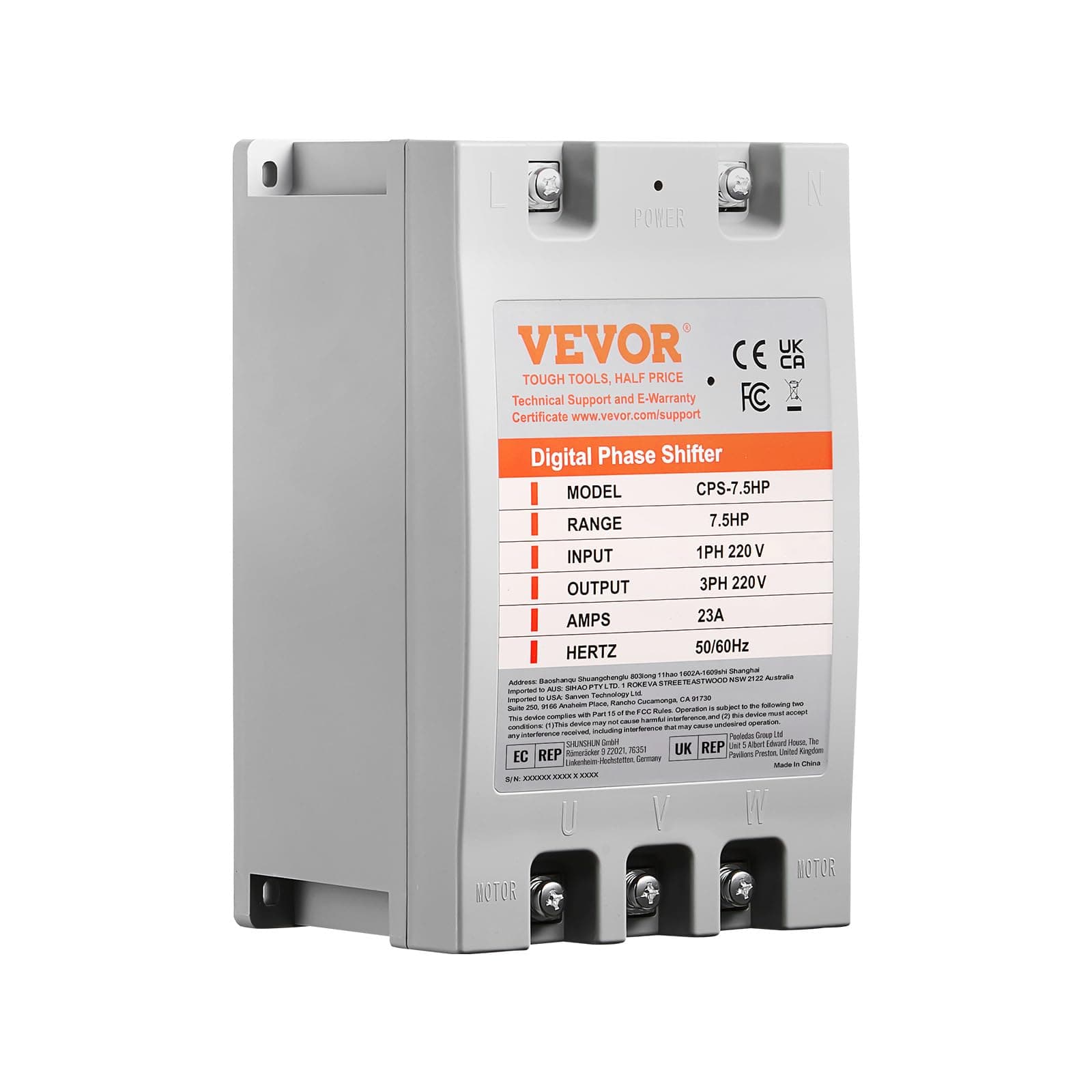 VEVOR 3 Phase Converter - 7.5HP 23A 220V Single Phase to 3 Phase Converter, 220V Input/Output, Digital Phase Shifter for Residential & Light Commercial Use (One Converter for One Motor Only)