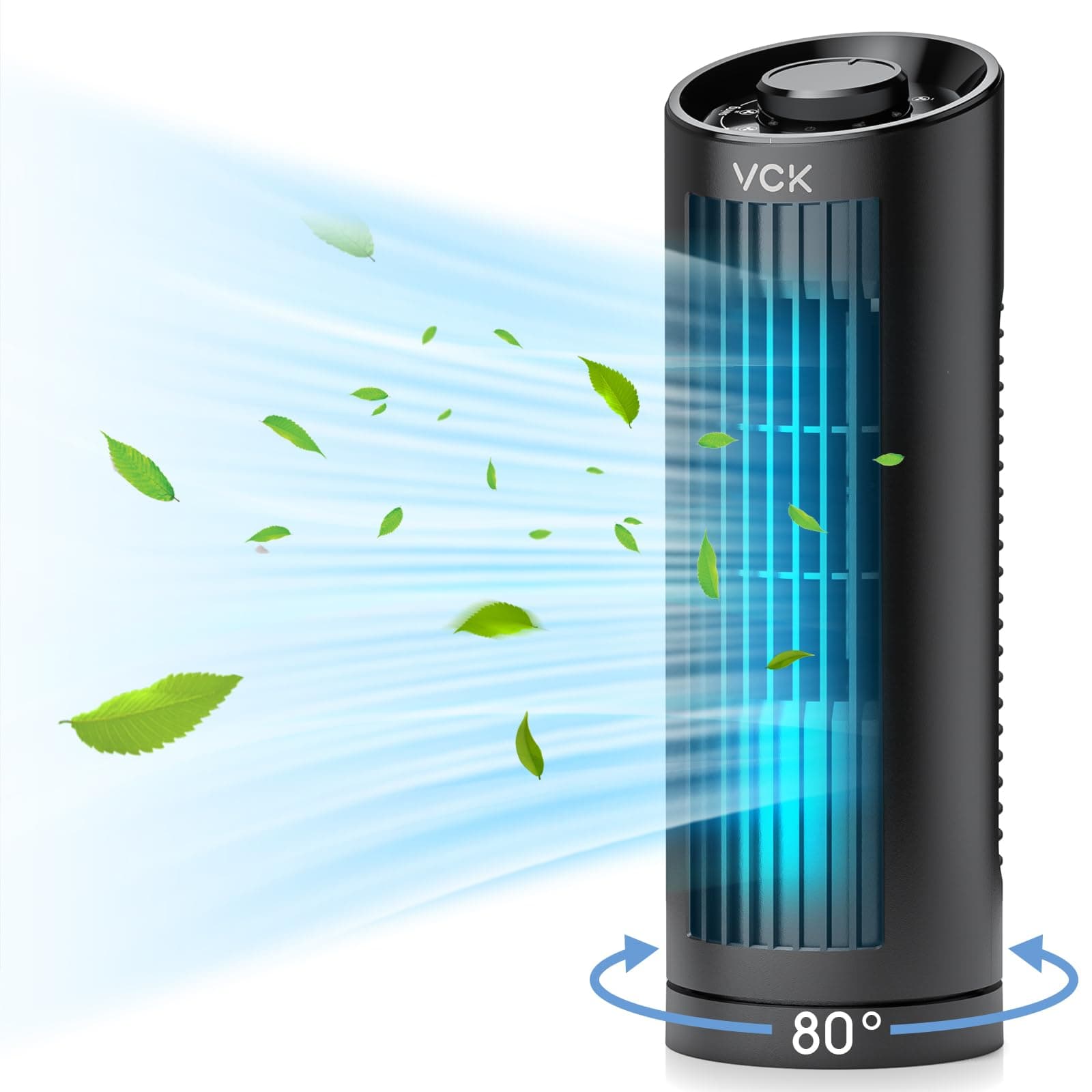 VCK Tower Fan, 80° Oscillating Fan with 3 Speeds, Fast Cooling, Quiet Operation, 13 Inch Portable Desk Fan, Personal Small Bladeless Fan for Bedroom Home Office Desktop