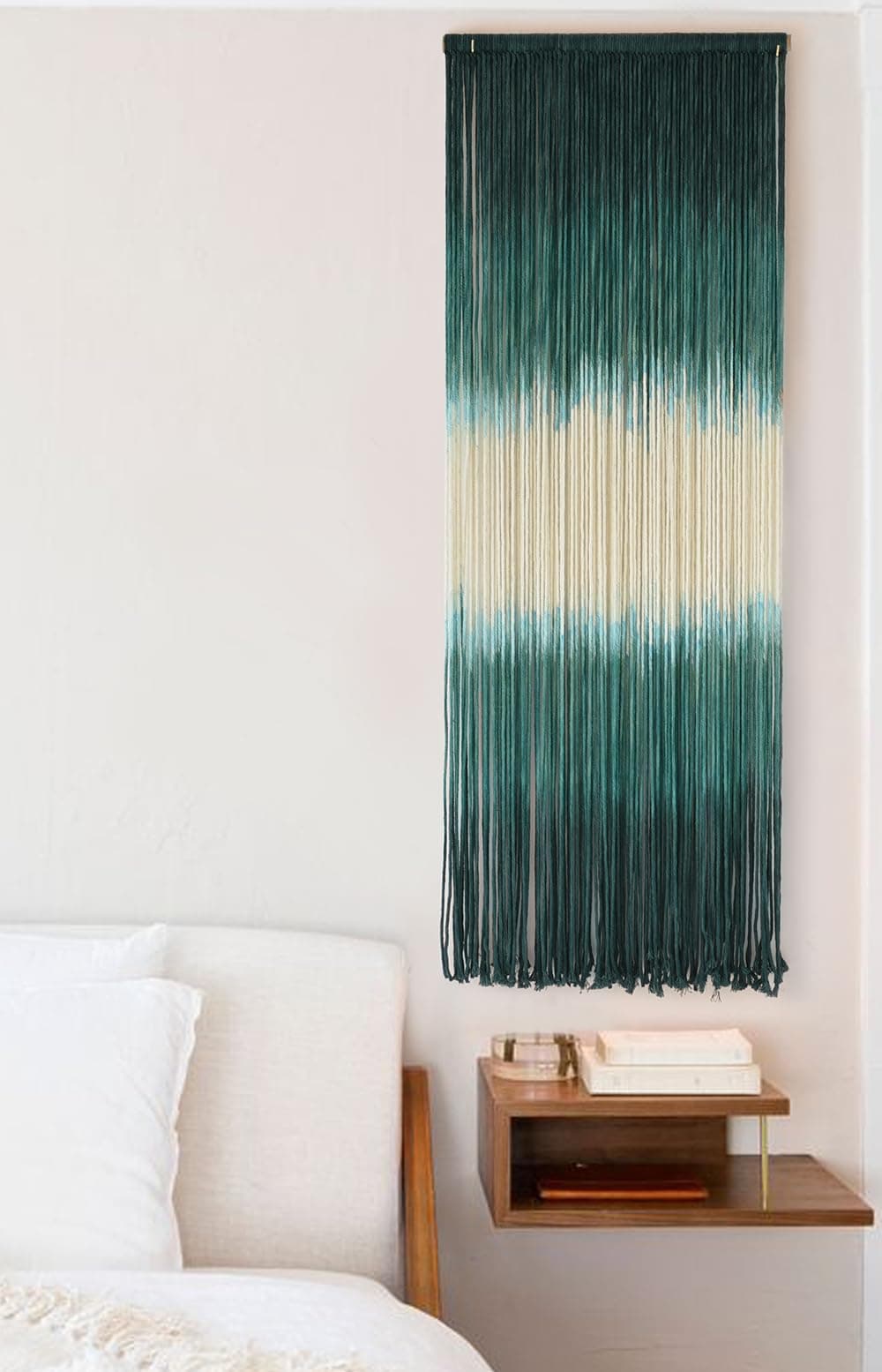 Flber Macrame Wall Hanging Green Boho Handmade Ombre Wall Art Decor for Living Room Bedroom Art 15''W*43''L