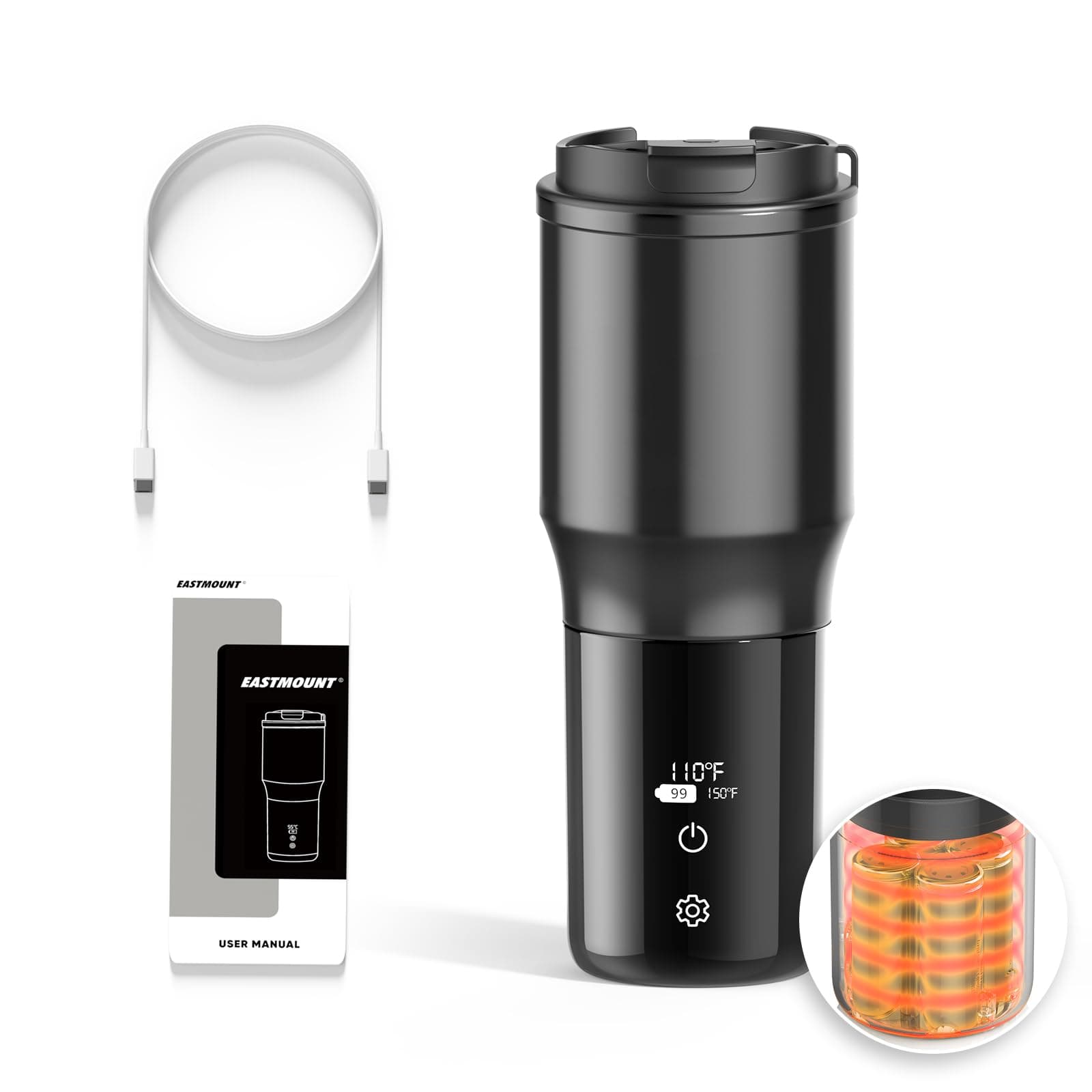 Smart Temperature Controlled Mug,Heated Coffee Mug,16 Hours Battery Life,Vacuum Insulated Hot Beverage Warmer 15OZ,with LCD Display 90°F to 150°F