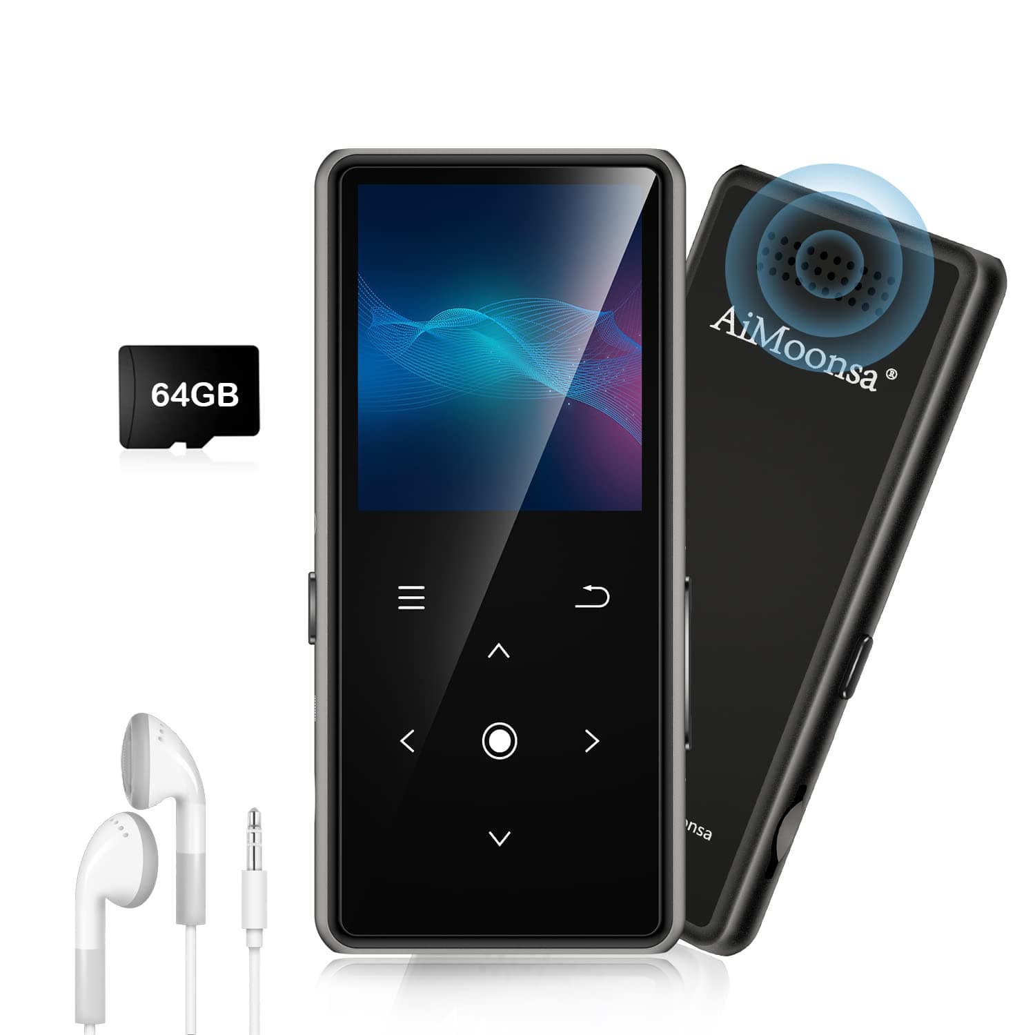 64GB MP3 Player with Bluetooth 5.2, AiMoonsa Music Player with Built-in HD Speaker, FM Radio, Voice Recorder, HiFi Sound, E-Book, Earphones Included