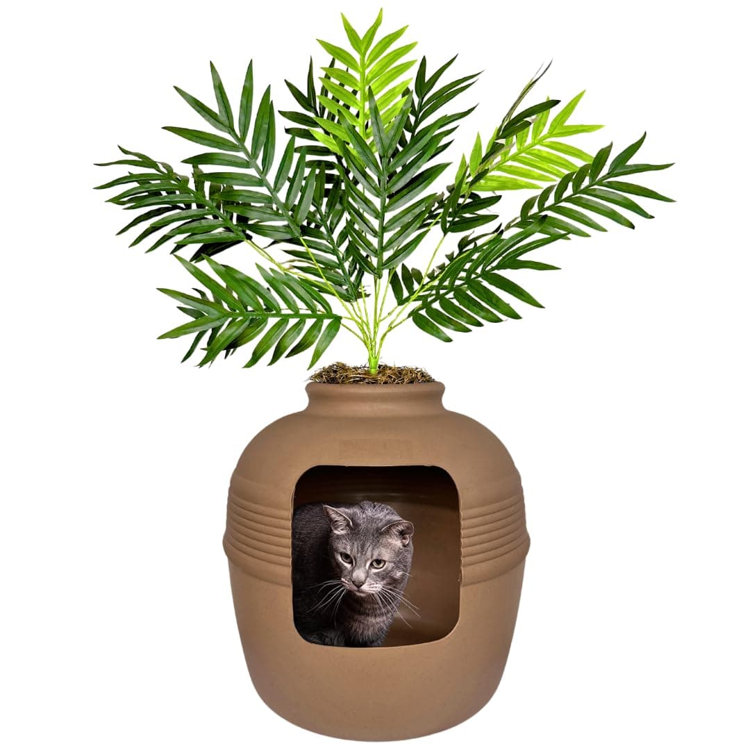 Good Pet Stuff Hidden Litter Box Planter, Decorative Cat Litter Enclosure with Carbon Filter, Artificial Plant, Easy Clean, Indoor Design, Original Round Style, Base Kit, Mocha Brown