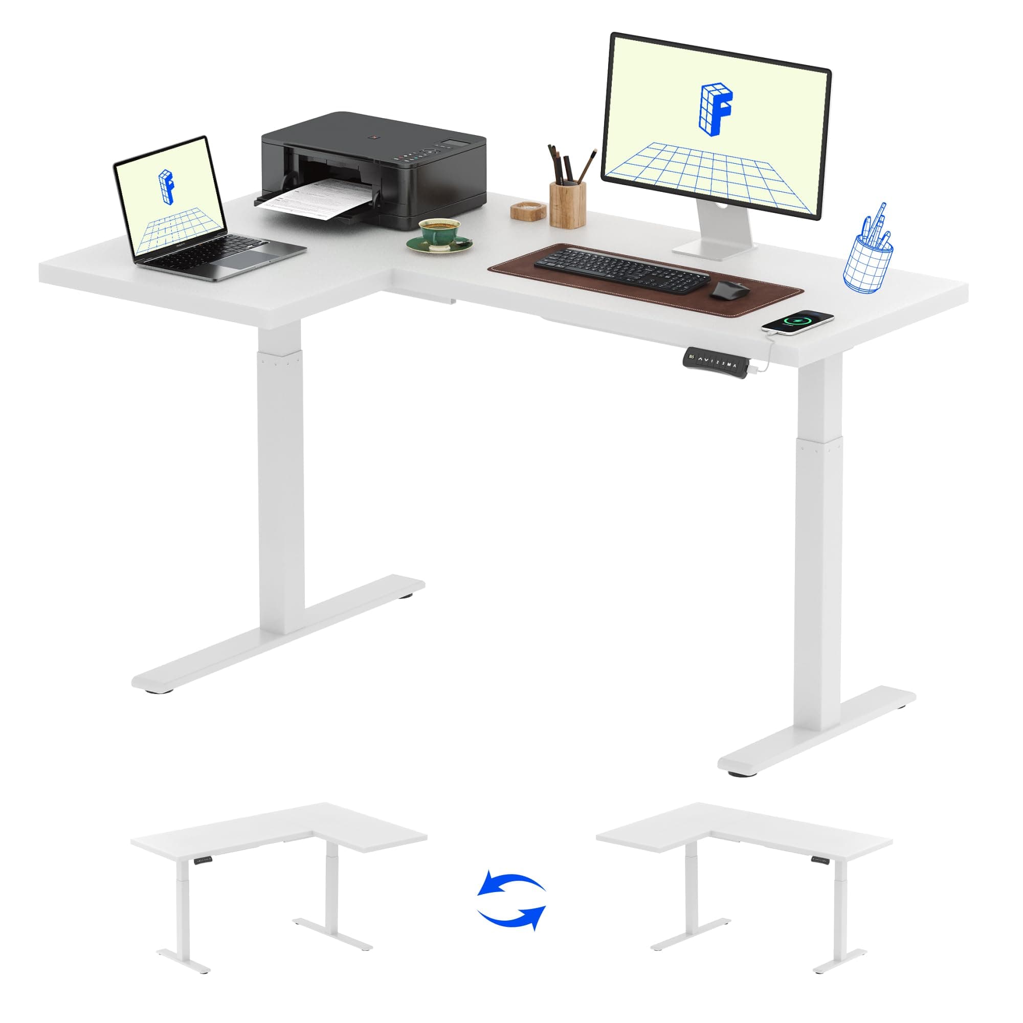 FLEXISPOT Pro Corner Desk Dual Motor L Shaped Computer Electric Standing Table Sit Stand Up Height Adjustable Desk Home Office Table with Splice Board, 63x40 White