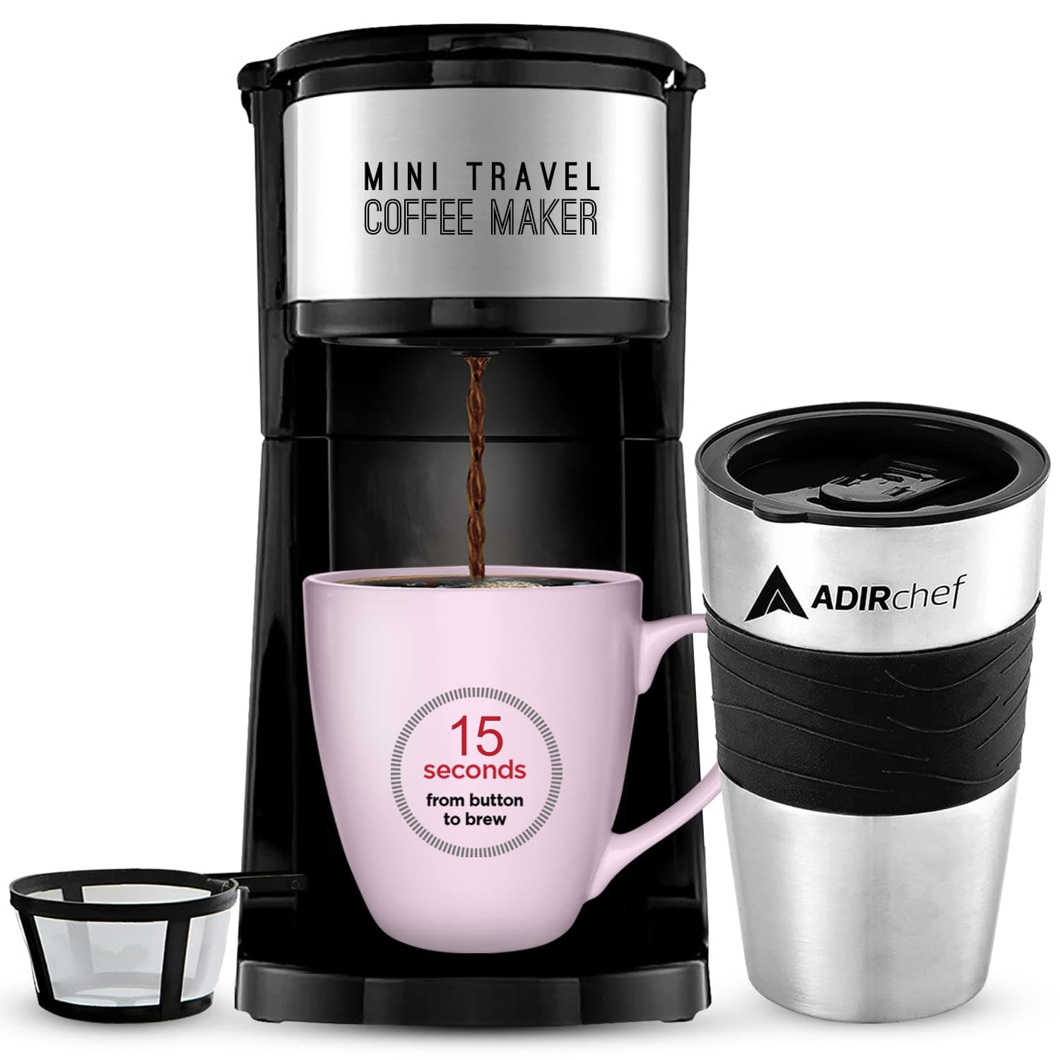 AdirChef Grab N' Go Personal Coffee Maker with 15 oz. Travel Mug, Black/Stainless Steel