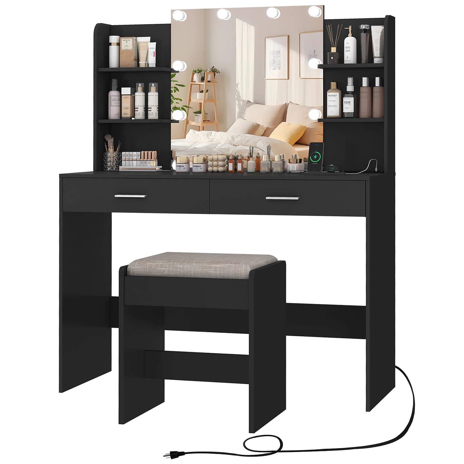 usikey Makeup Vanity Desk with Mirror & Lights, Vanity with 2 Drawers & 6 Storage Shelves, Dressing Table with Power Outlet, for Women Girls, Bedroom (Black)