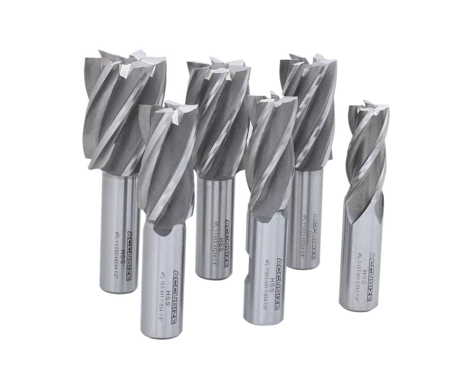 Accusize Industrial Tools 6 Pc Multi Flute Bridgeport H.S.S. End Mills Set, 3/4'' Shank, 4 and 6 Flute, Cutting Dia from 3/4'' to 1-1/2'', 1822-0206