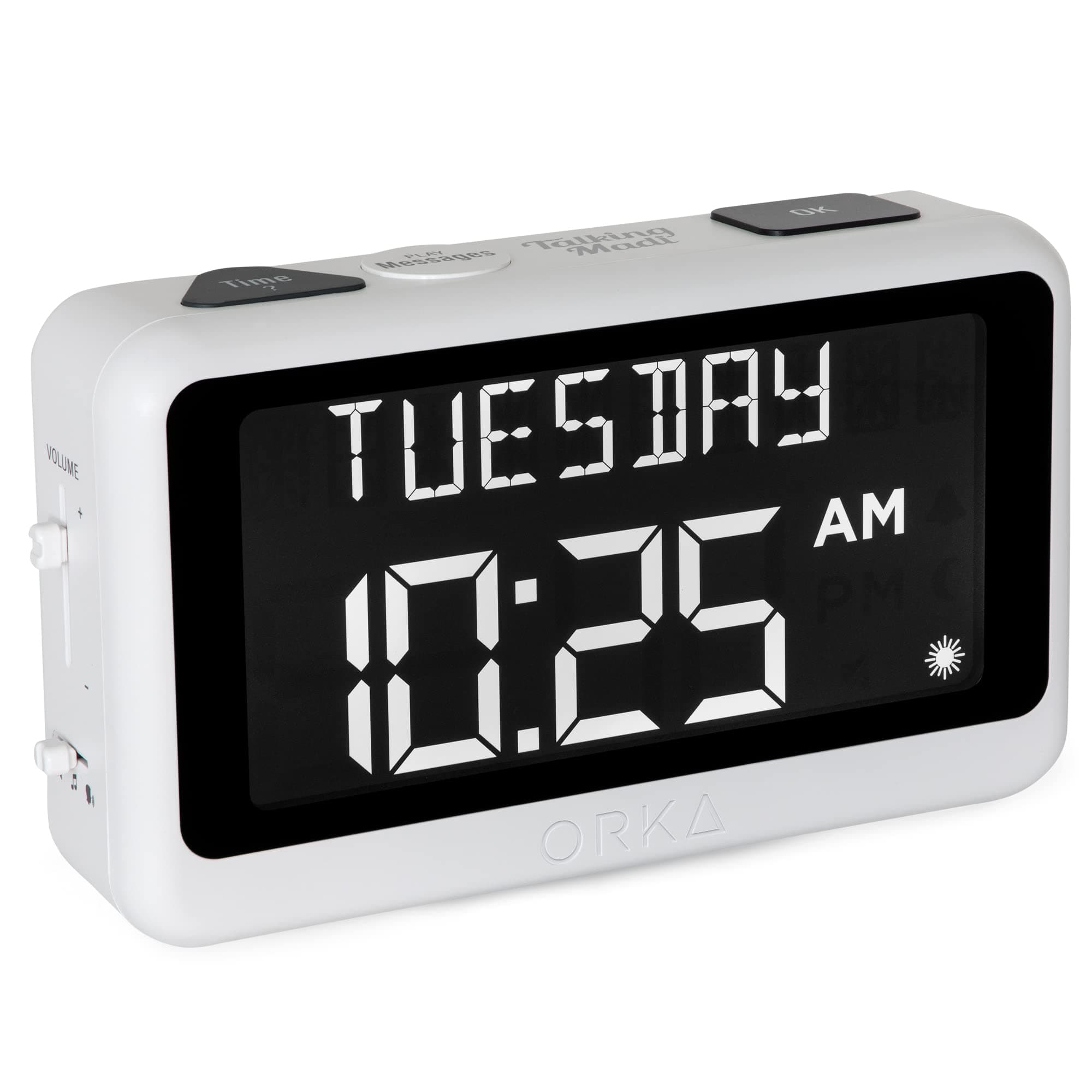 ORKA Talking Clock. Voice Recordable Ex Large Medication Pill Reminder. Talking Alarm Clock for Dementia, Hearing, Visually impaired Seniors-Digital Day Clock with Multiple Customized Alarms White