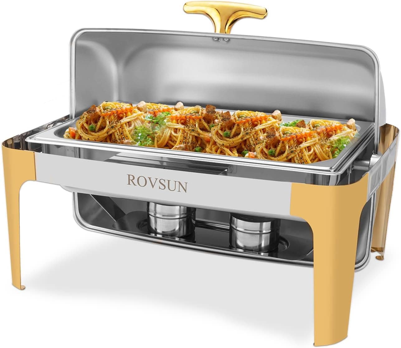 ROVSUN Roll Top Chafing Dish Buffet Set Gold Accent,NSF 9 Quart Rectangular Stainless Steel Chafer, Buffet Servers and Warmers Set for Wedding, Parties, Banquet, Catering