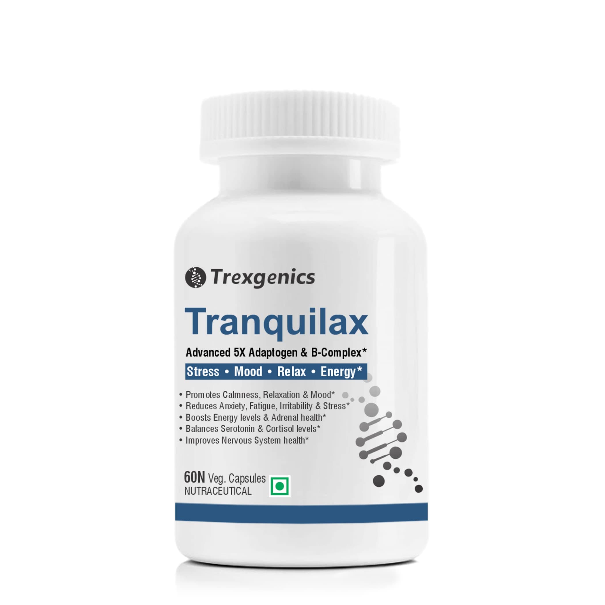 Trexgenics Tranquilax 5X Adaptogen + Full Spectrum Vitamin B-Complex for Synergistic Stress, Energy and Nervous System Support (60 Veg. Capsules)