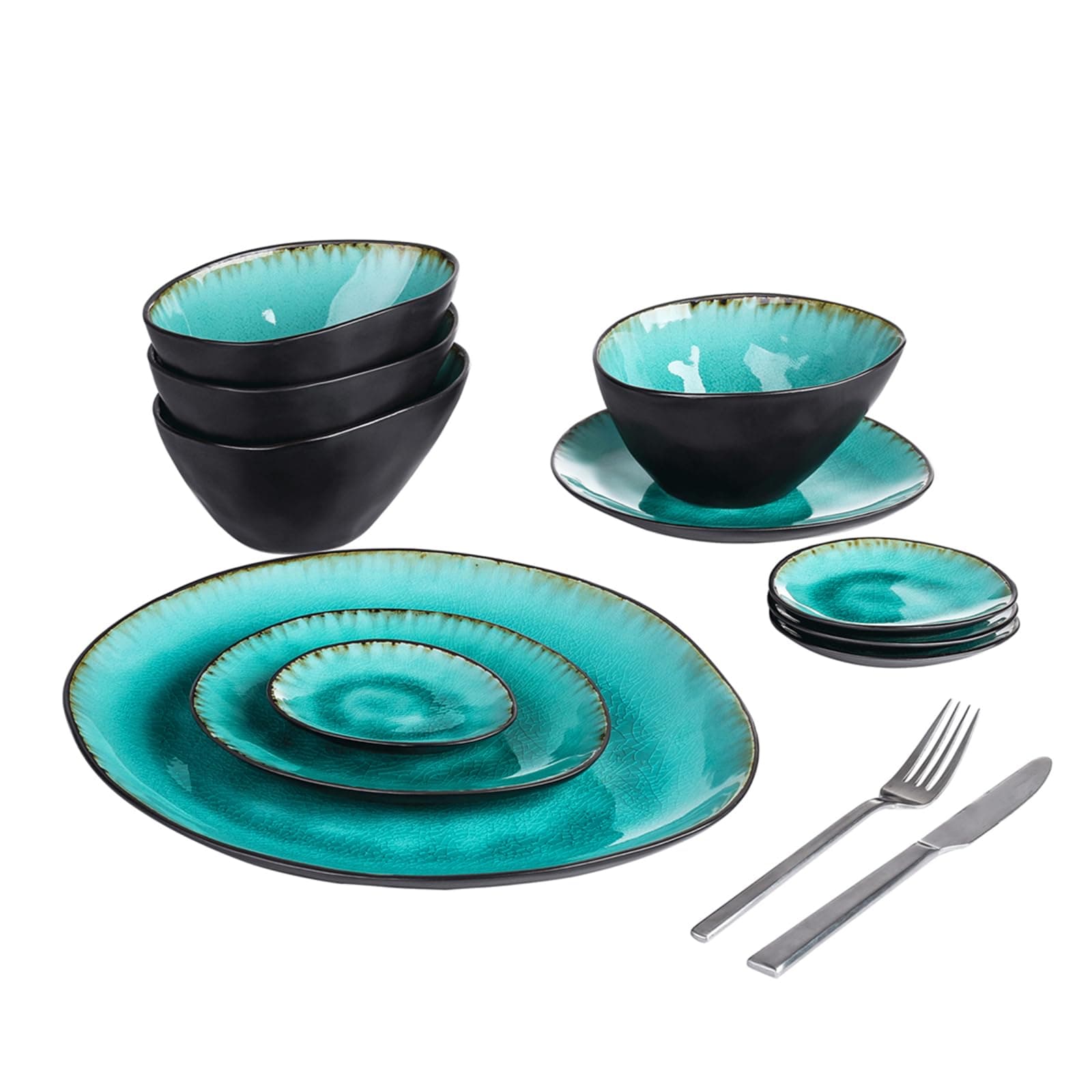 vancasso Aqua Blue Dinner Set, Irregular Oval Plate Bowl Set Stoneware Vintage Look Ceramic, 11 Pieces Serving Dish Set with 1 Serving Platter, 2 Dessert Plates, 4 Bowls and 4 Saucers