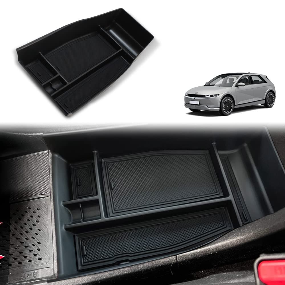BestEvMod Lower Center Console Organizer Tray Storage Box Interior Accessories with Rubber Black Trim Compatible with Hyundai Ioniq 5 2022 2023 2024 Accessories NOT fit 2025