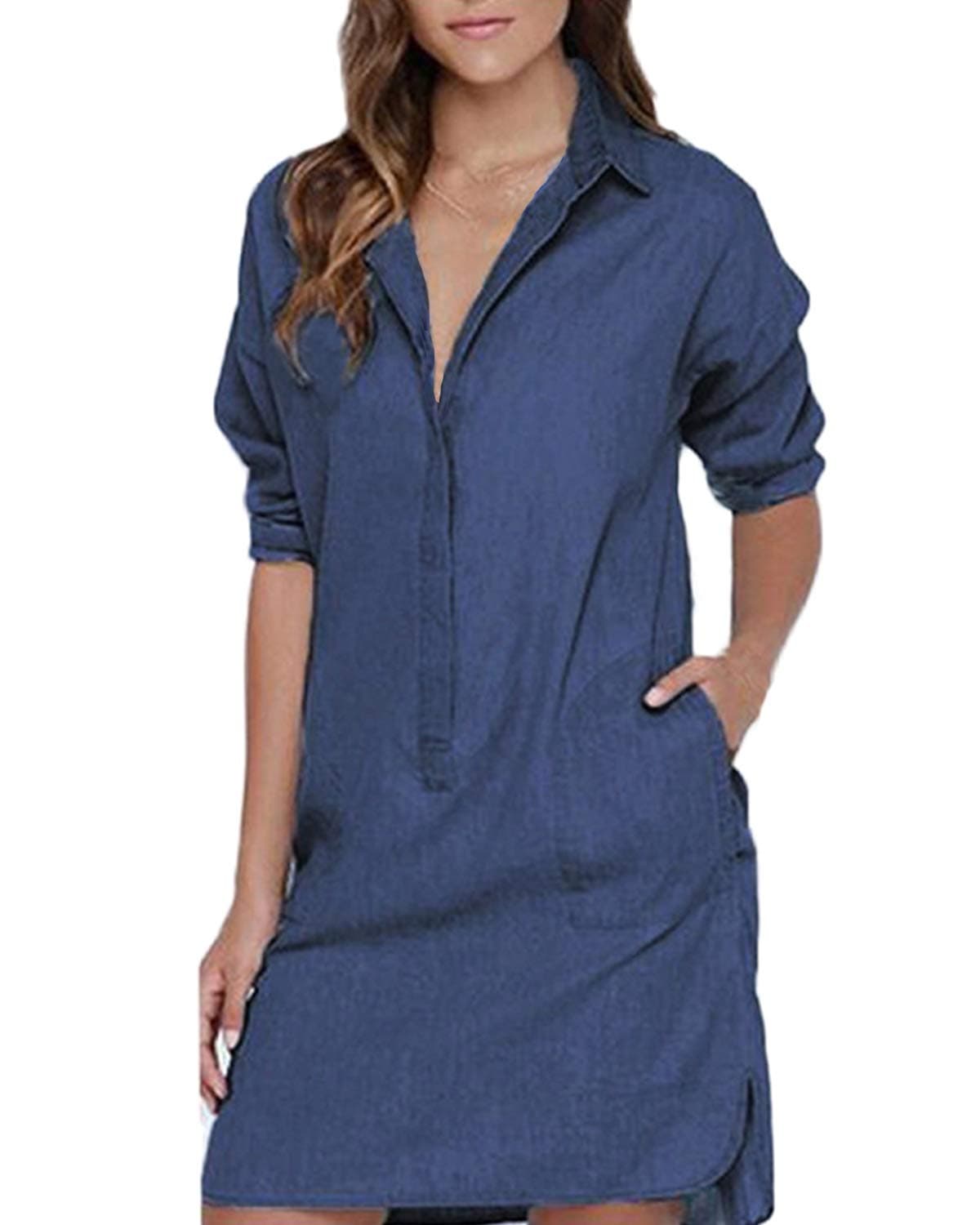 Auxo Women's Lapel Button Down Long Sleeve Pocket Denim Shift Mini Dress Tops Blue 3XL