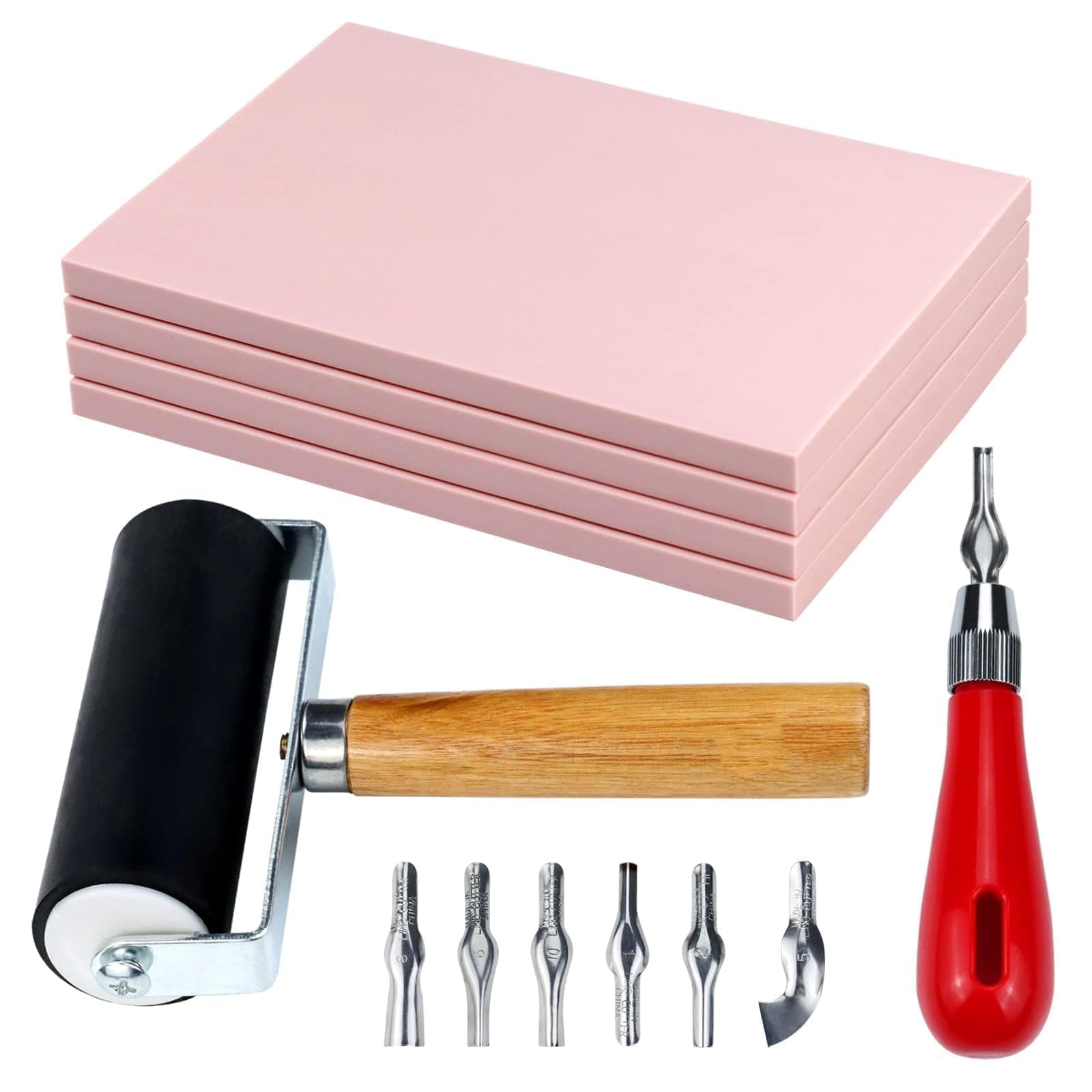 Linocut Kit for Printmaking & Stamp Carving - 4Pcs 4"x6" Soft Rubber Linoleum Blocks with Brayer Roller & Carving Tools | Beginner & Artist Block Printing Craft Supplies