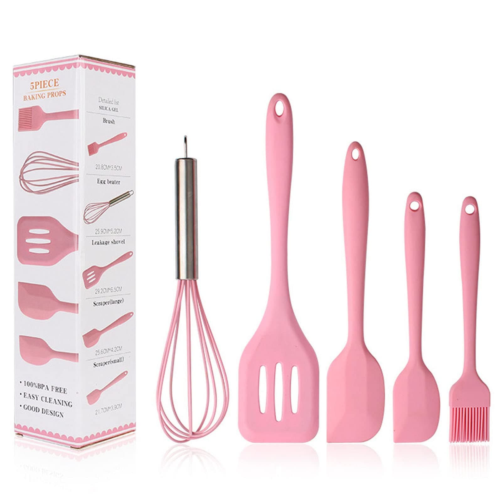 Silicone Spatulas Set - Pink 5 pcs Kitchen Utensil Set - Basting Pastry Brush - Pastry Oil Brush - Egg Beater - Slotted Turner - Silicone Cooking Spatula Non-Stick