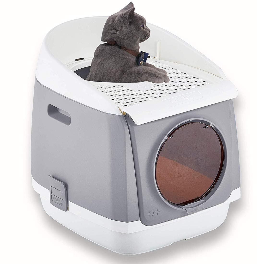 PAKEWAY Two Door Entry Cat Litter Box, Easy Clean Fully Enclosed Cat Toilet, Reduce Litter Scatterup to 95%, Service for Small Kitty & Big Cat, Gray