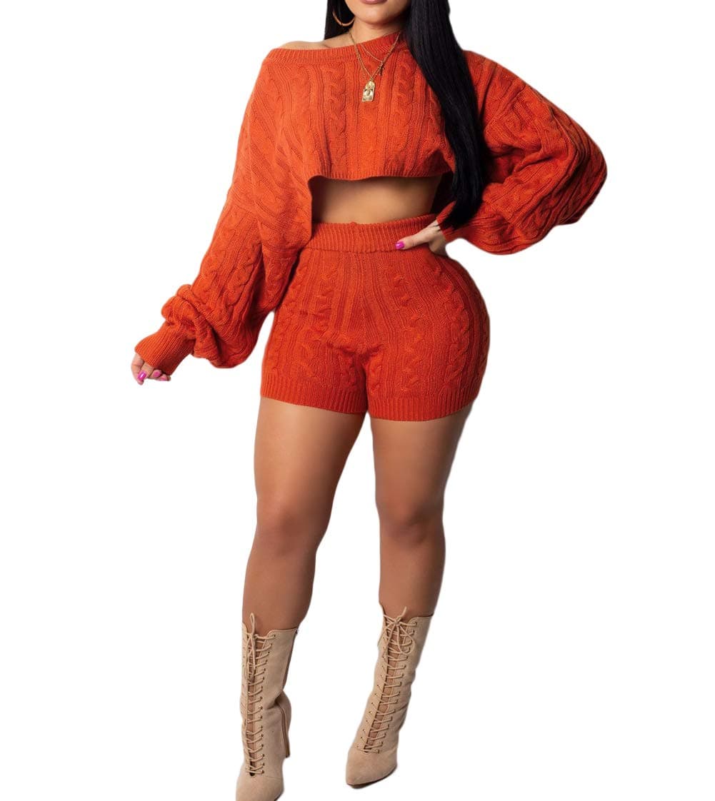 JUNBOON Women's Casual 2 Pieces Outfits Solid Long Sleeve Knitted Sweater Crop Top Bodycon Shorts Tracksuits Set