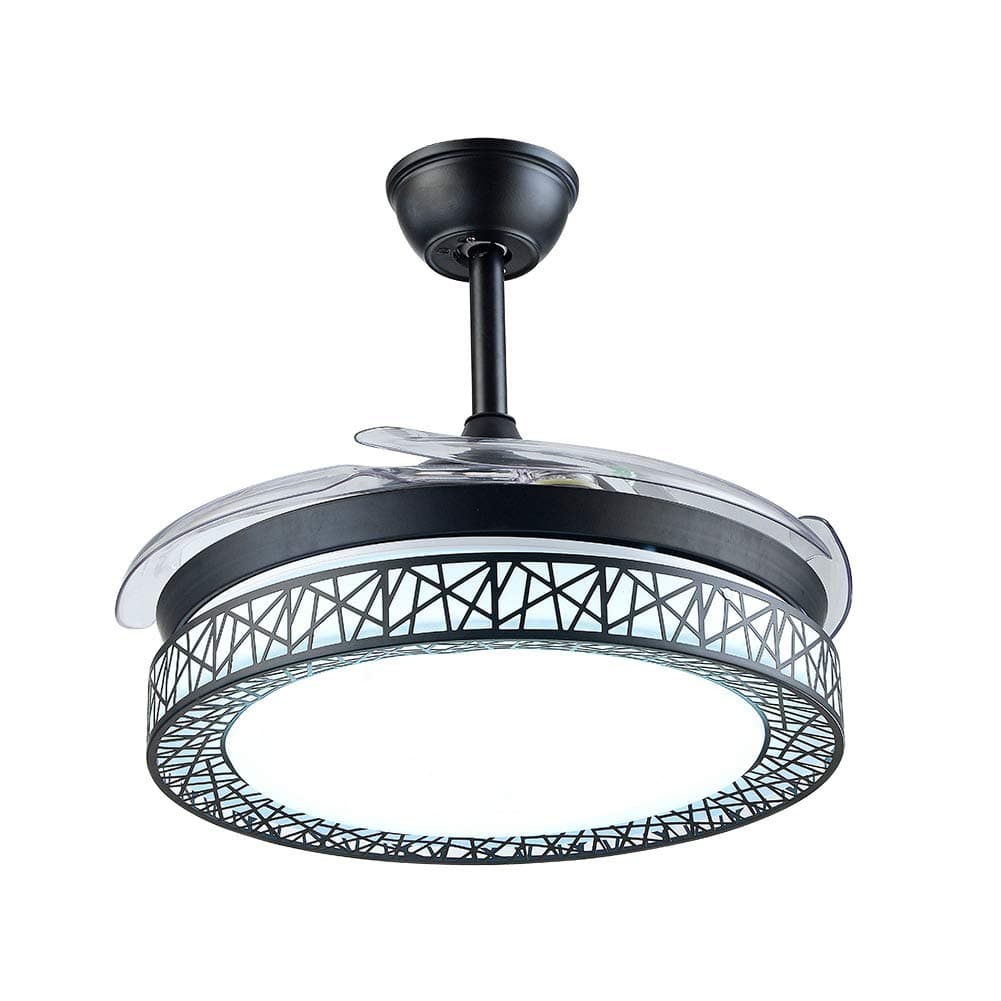 Retractable Ceiling Fans Light with Remote Control Three-color Change LED Invisible Ceiling Fan Chandelier Art Decoration (Black)