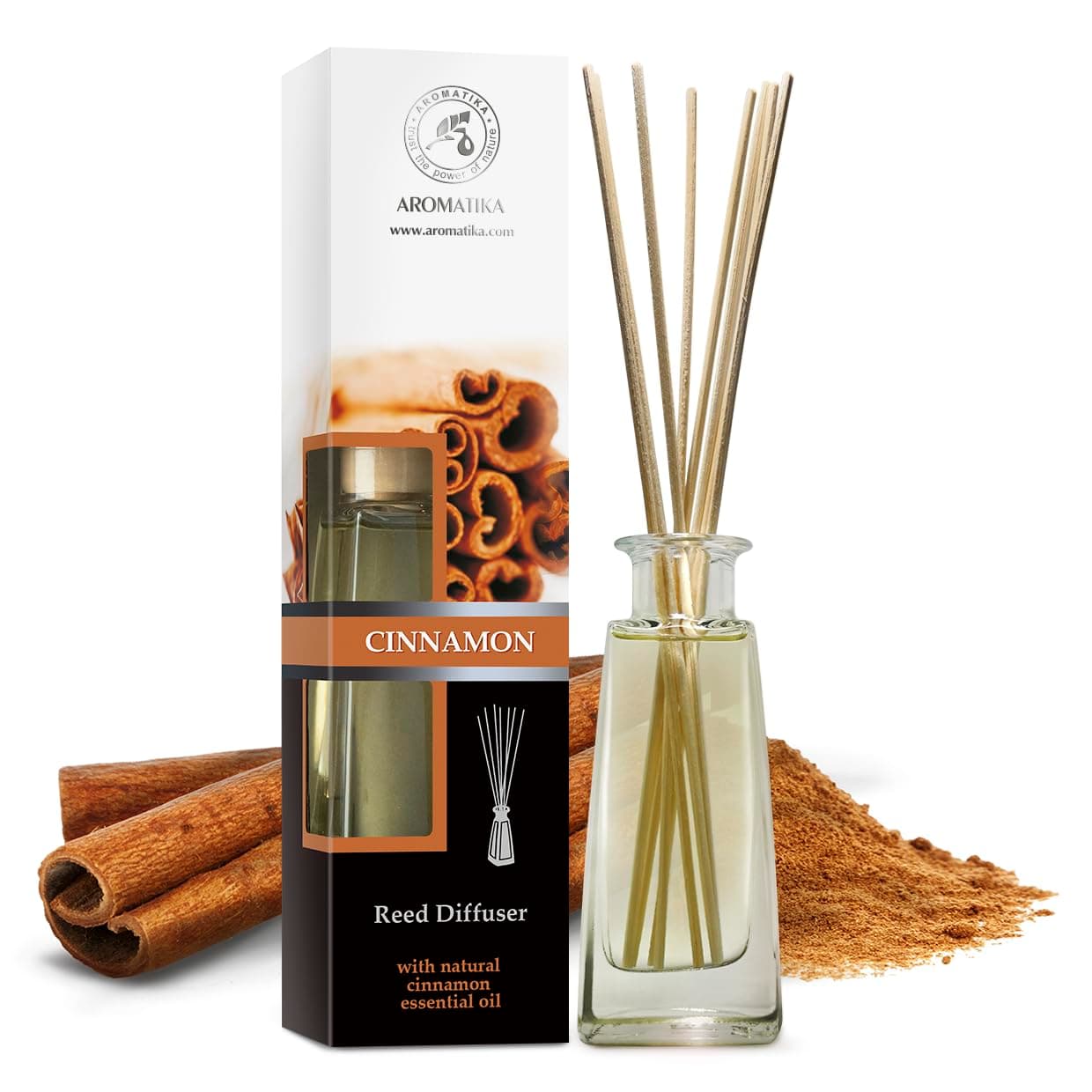 AROMATIKA Cinnamon Reed Diffuser w/Natural Essential Cinnamon Oil 100ml - Fresh & Long Lasting Fragrance - Gift Set w/ 8 Bamboo Sticks - Best for Aromatherapy - Spa - Home - Office - Boutique -