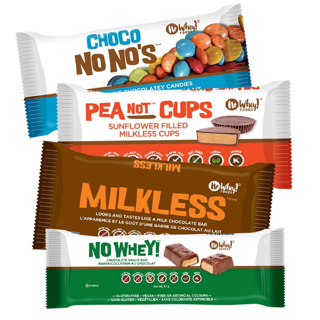 Vegan/Allergy Friendly Chocolate Candy Four Pack Sampler (Milkless bar, Choco No No's, Peanot Cups, No Whey Bar) | Dairy Free, Nut Free, Soy Free, Gluten Free | No Whey Foods