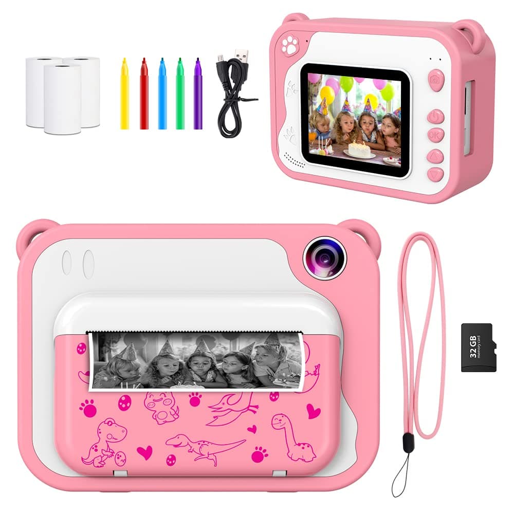 USHININGKids Instant Printing Camera Digital Camera with 2.4 Inch Screen TF Card 32GB 3 Rolls Printing Paper Gift for Girls Boys Age 3-12