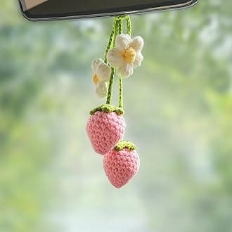 Crochet Strawberry and Flower Car Hanging Ornaments, Cute Aesthetic Rearview Mirror Hanging Accessories for Women and Girls, Handmade Polyester Fiber Car Decor 2-Pack