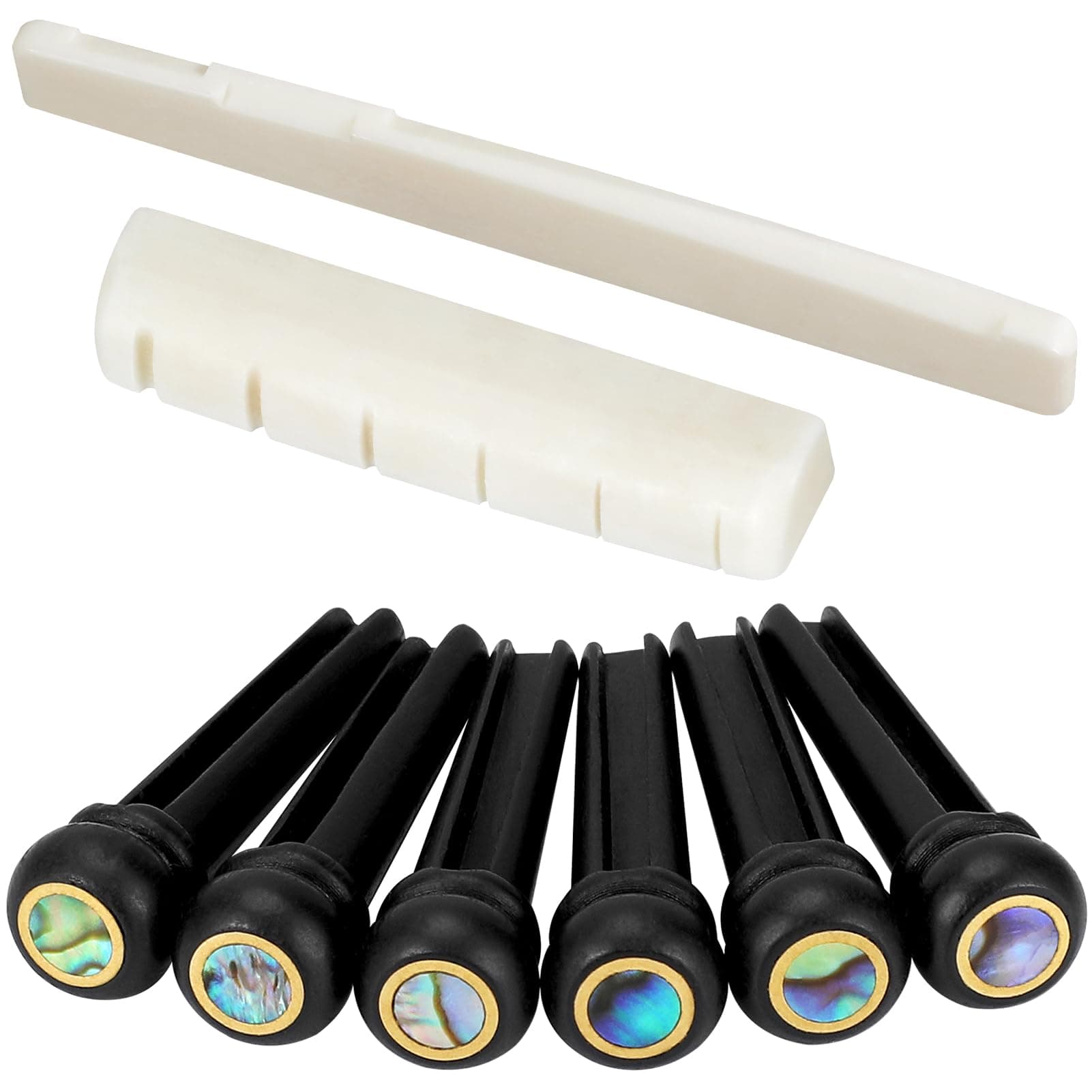 Blisstime 6 String Acoustic Guitar Bone Bridge Saddle and Nut and 6pcs Ebony Guitar Bridge Pins