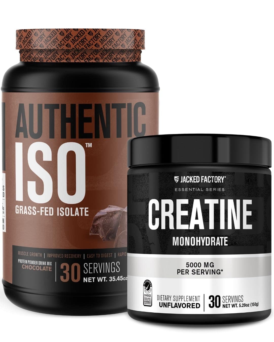Jacked FactoryAuthentic ISO Grass Fed Whey Protein Isolate Powder - Low Carb, Non-GMO Muscle Building Protein (30 Servings, Chocolate) Creatine Monohydrate Powder (30 Servings)