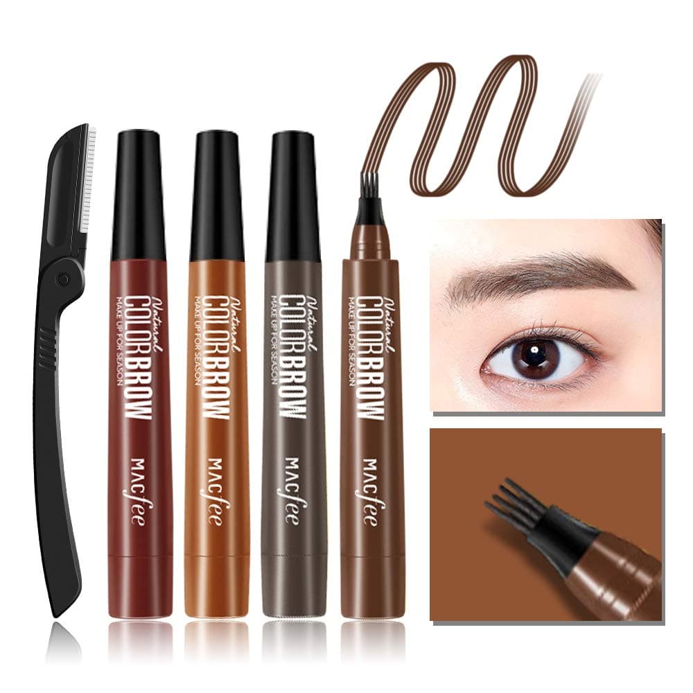 Microblading Eyebrow Tattoo Pen with 1 Eyebrow Razor, Waterproof Fork Tip Eye Brow Pencil Marker, Liquid Applicator for Eyebrows, Creates Natural Looking Brows and Stays on All Day（03# Light Coffee)