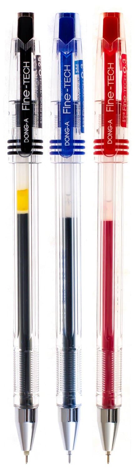 DONG-A Fine-Tech, 0.3mm, Gel Ink Roller Ball Pens, Black/Blue/Red (Pack of 3)