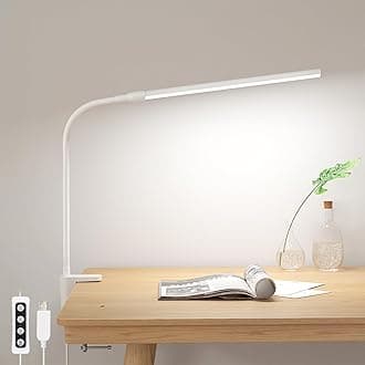 Small Desk Lamp with Clamp, LED Reading Lamps with 450LM, 3 Color Modes 10 Brightness, Dimmable USB Clip on Desk Light with Gooseneck Swing Arm for Nail, Home Office and Dorm (White)