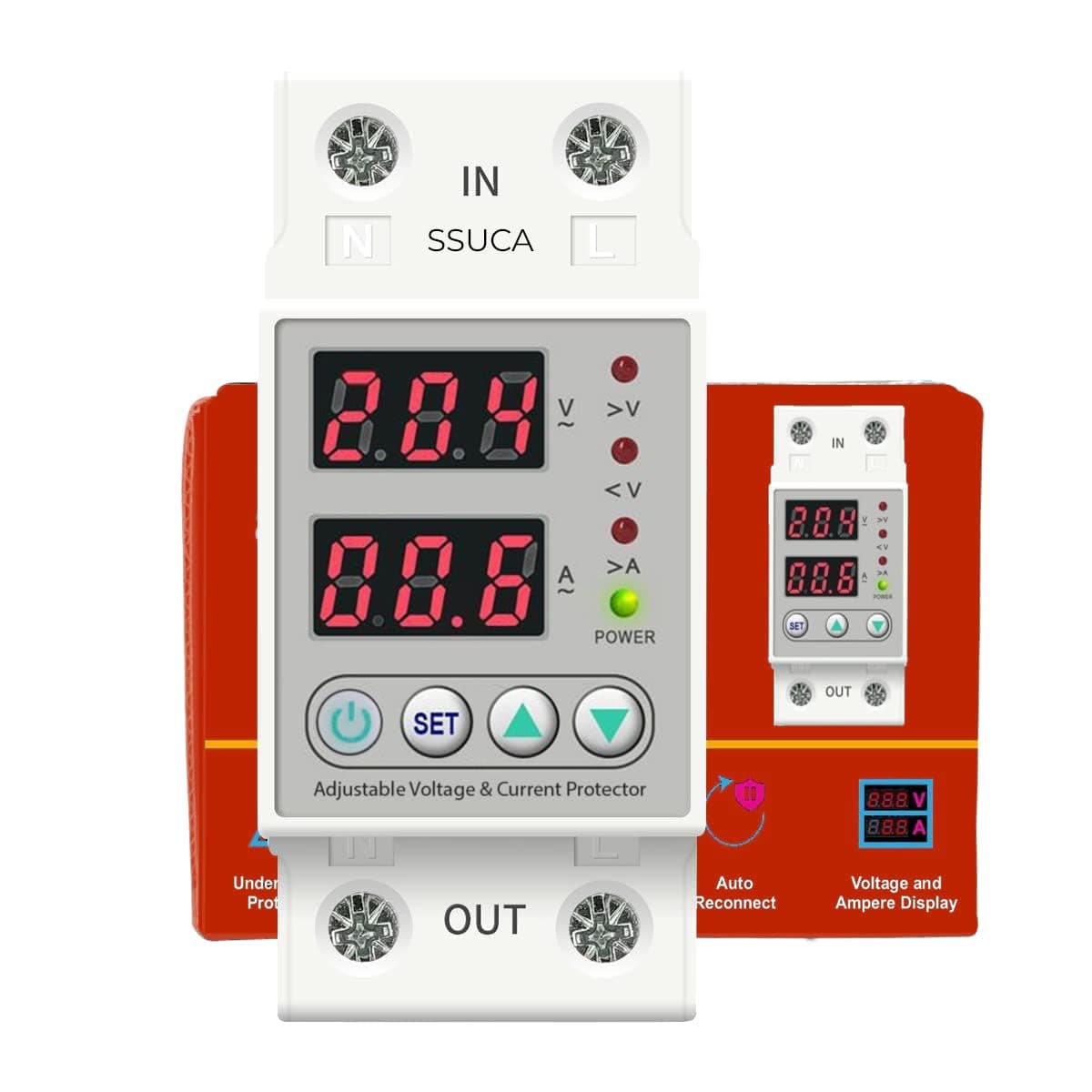 63A Single Phase Voltage Protector 240V, Auto-Reconnect & Adjustable Led Indicator for Over/Under Voltage, Short Circuit Protection, Over Current - Overload Protection