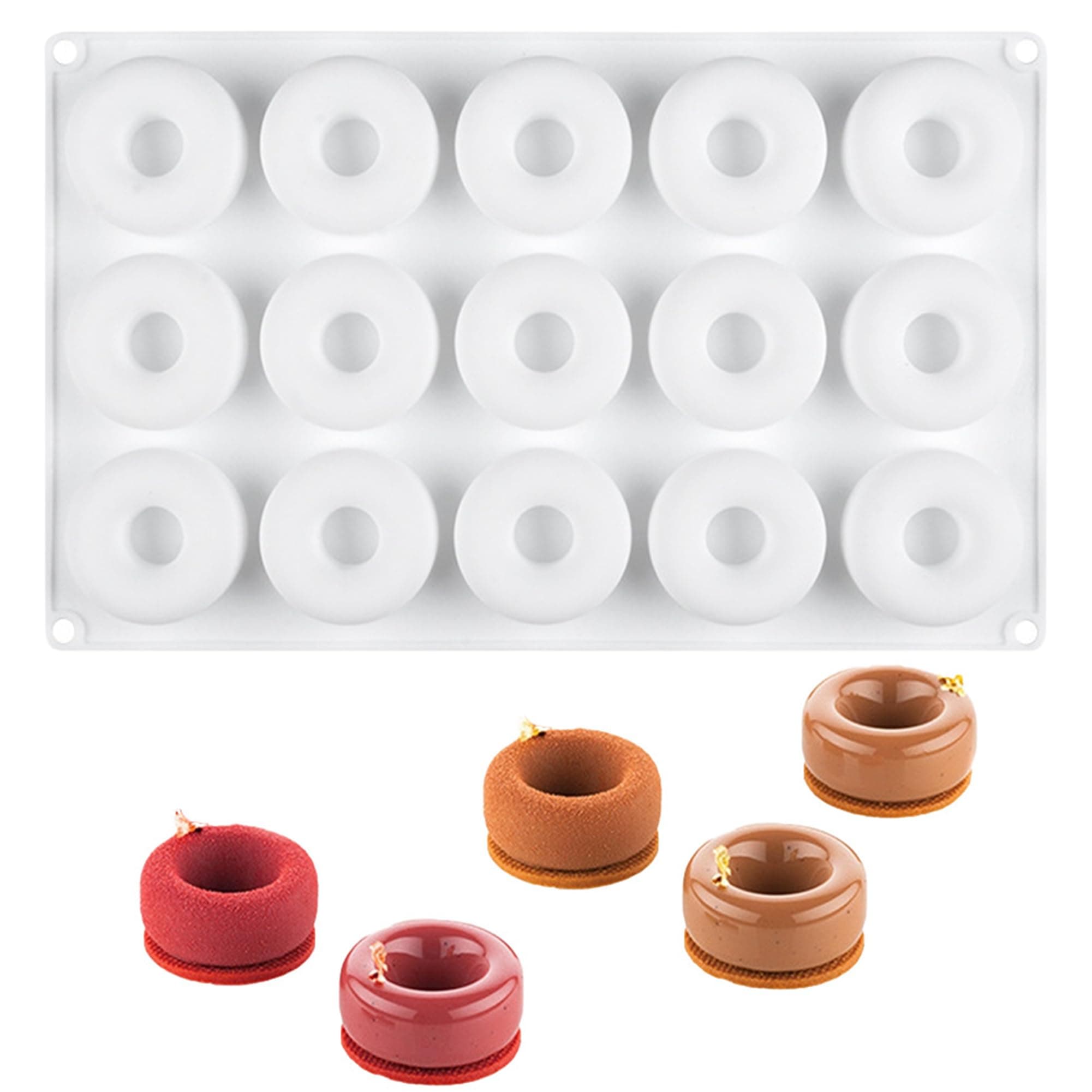 OCPO KITCHEN Doughnut Silicone Molds for Baking Mousse Cake, 3D Silicone Baking Mold for Candy Pastry Chocolate Truffle Cupcake Jelly Cookie Pudding Cake Decoration Mold, Doughnut Shape (15-Cavity)