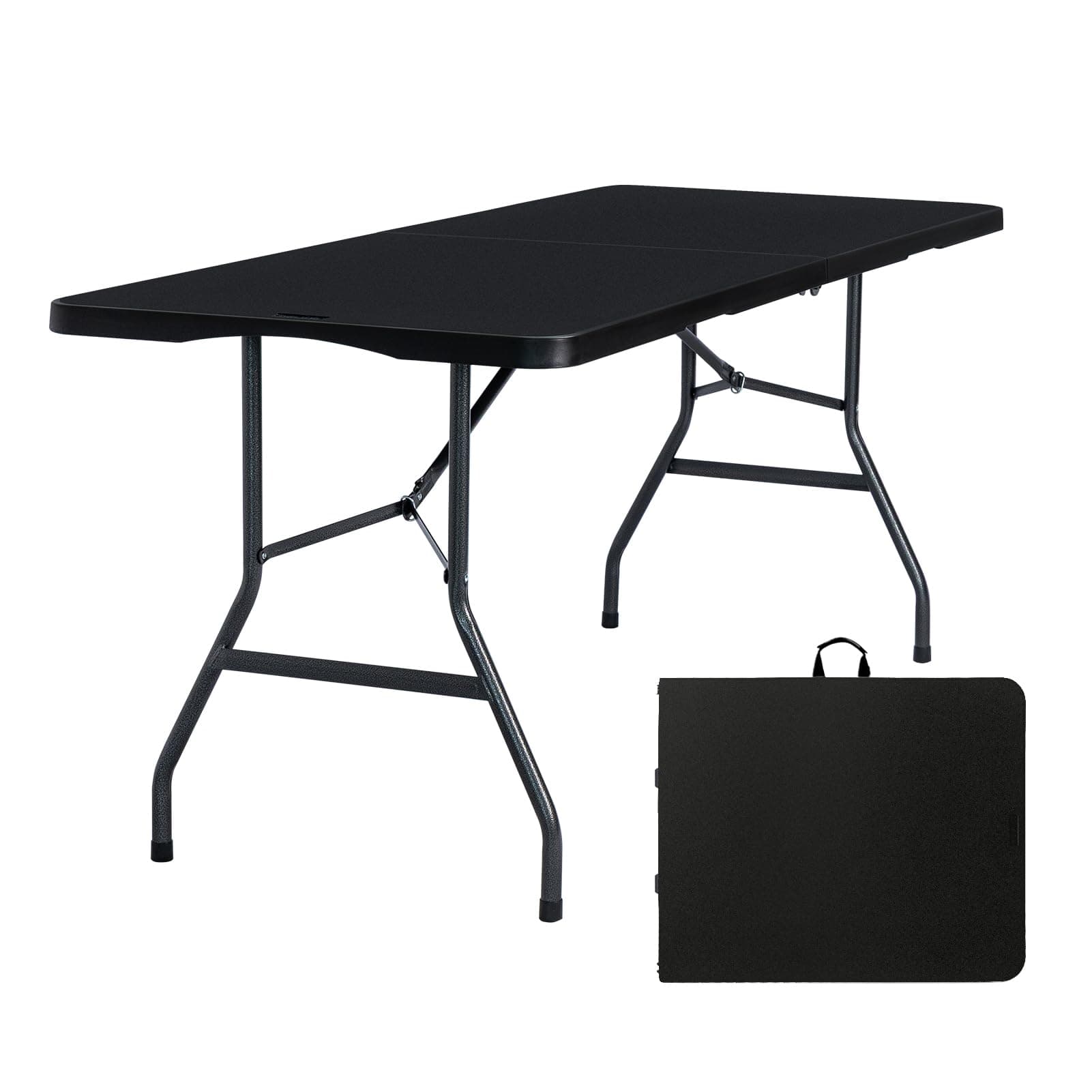Folding Table 6ft Portable Heavy Duty Plastic Fold-in-Half 6 Foot Foldable Table Utility Dining Indoor Outdoor with Carrying Handle for Camping Picnic and Party, Black