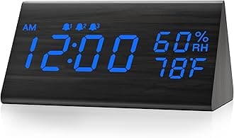 JALLDigital Alarm Clock, with Wooden Electronic LED Time Display, 3 Alarm Settings, Humidity & Temperature Detect, Wood Made Electric Clocks for Bedroom, Bedside, Blue Digit Display