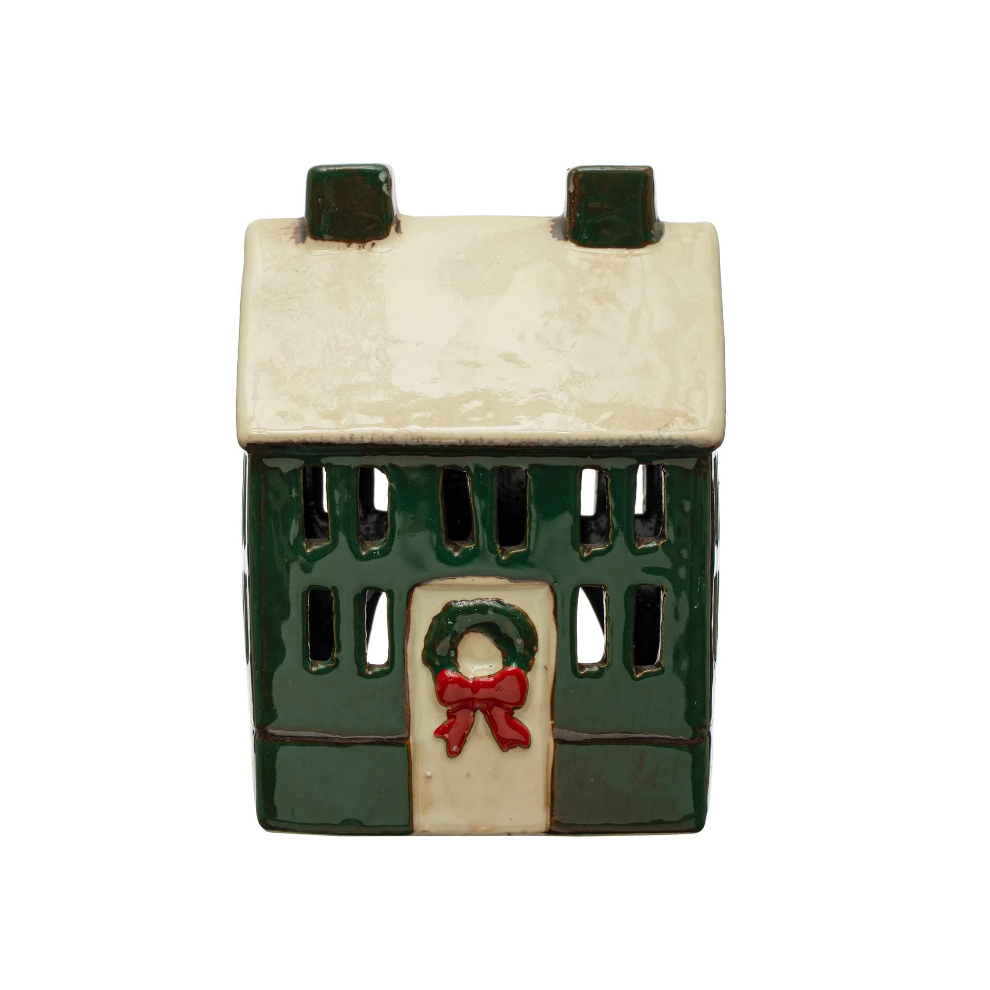 Creative Co-Op 4' L x 3-1/4'W x 5-1/2'H Hand-Painted Stoneware House, Reactive Glaze, Green, Cream Color & Red (Each One Will Vary)