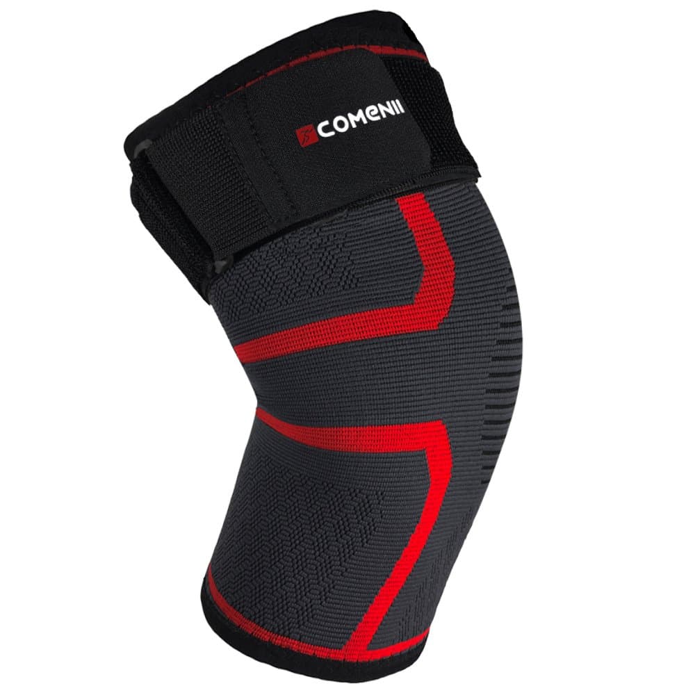 Compression Knee Brace Sleeve – COMENII Athletics Support for Jogging, Running, Hiking and Sports, Joint Pain Relief, Arthritis and Injury Recovery with Adjustable Strap– Single Wrap, Black&Red