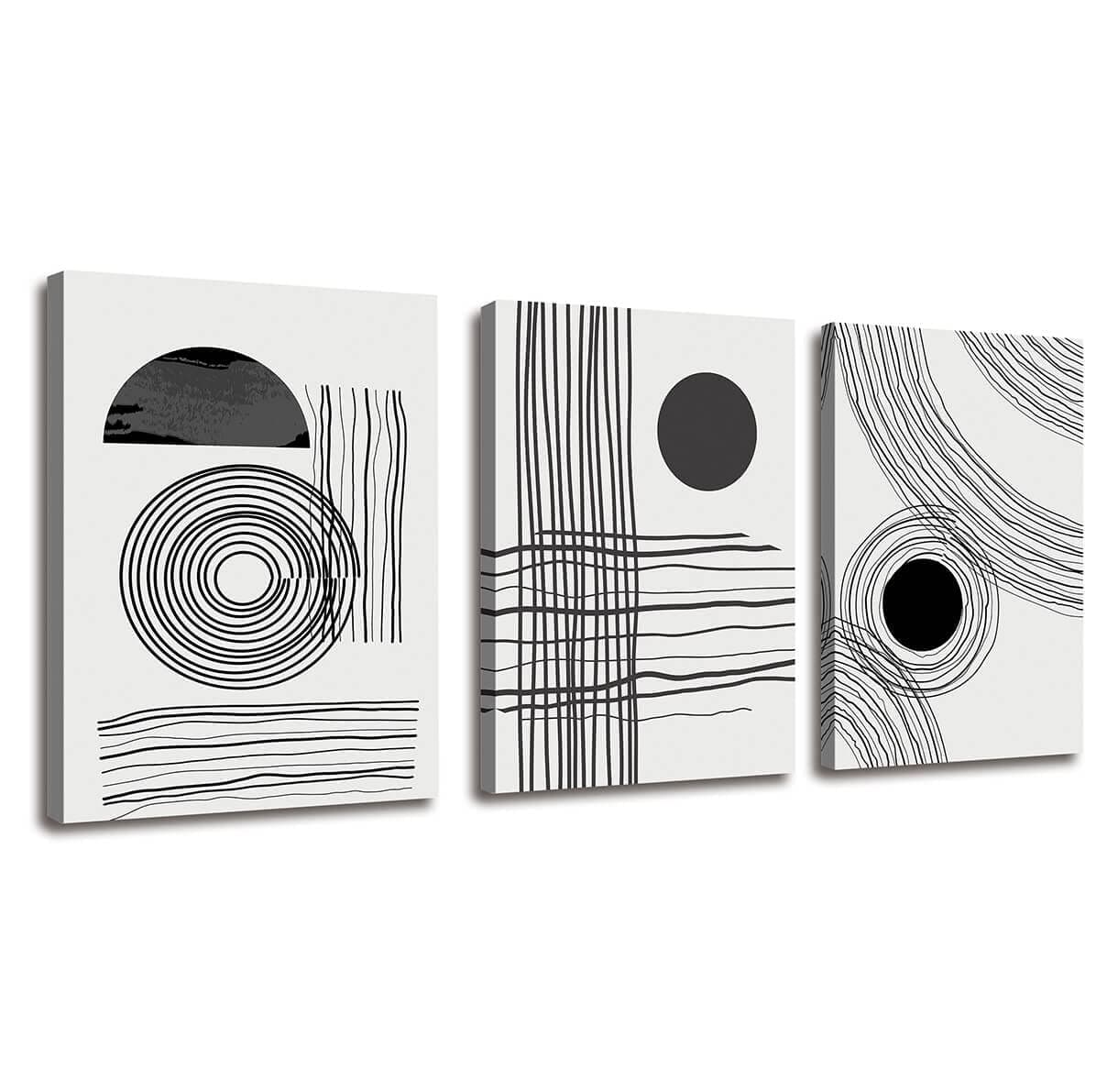 Black and White boho Abstract Wall Art 3 Pieces Stretched and Framed Canvas Painting Geometry Black Stroke Artwork for Home Office Bedroom Bathroom and Living Room Wall Decor Size: 12"x16"x3