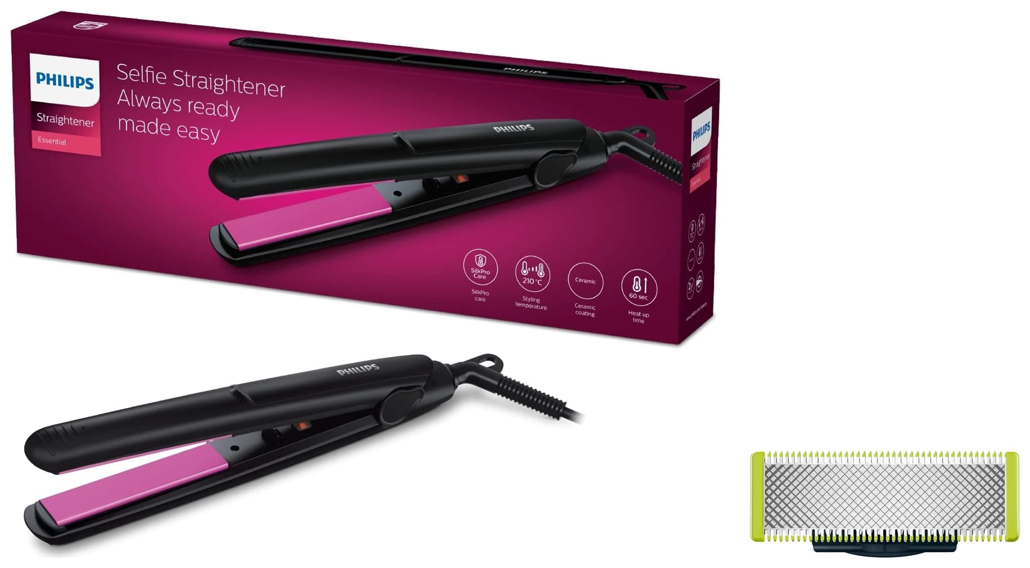 PHILIPS HP8302 Selfie Straightener, Black & Philips Oneblade Replaceable Blade Pack Including 1 Replaceable Blade, Qp210/51 (Lime)