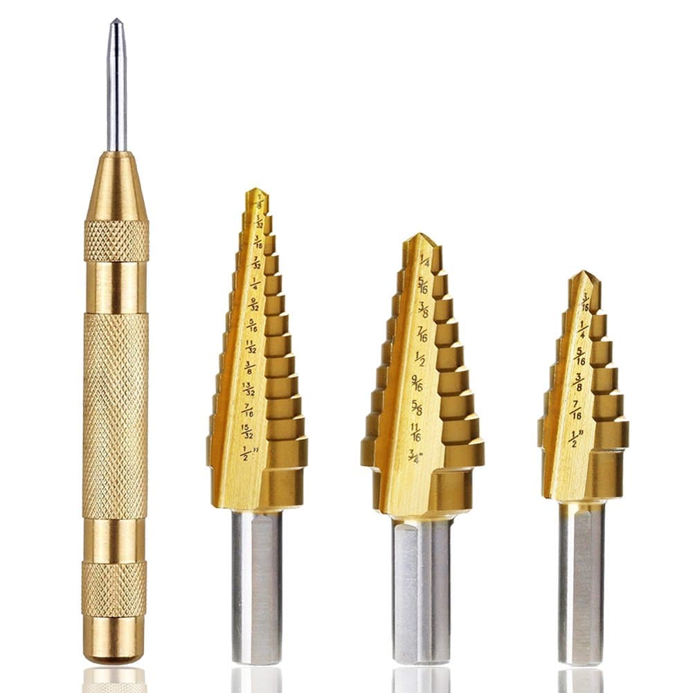 HoukrTitanium Step Drill Bit Set with Automatic Center Punch, High Speed Steel(4PCS), 28 Sizes of Multiple Hole Stepped Up Bits