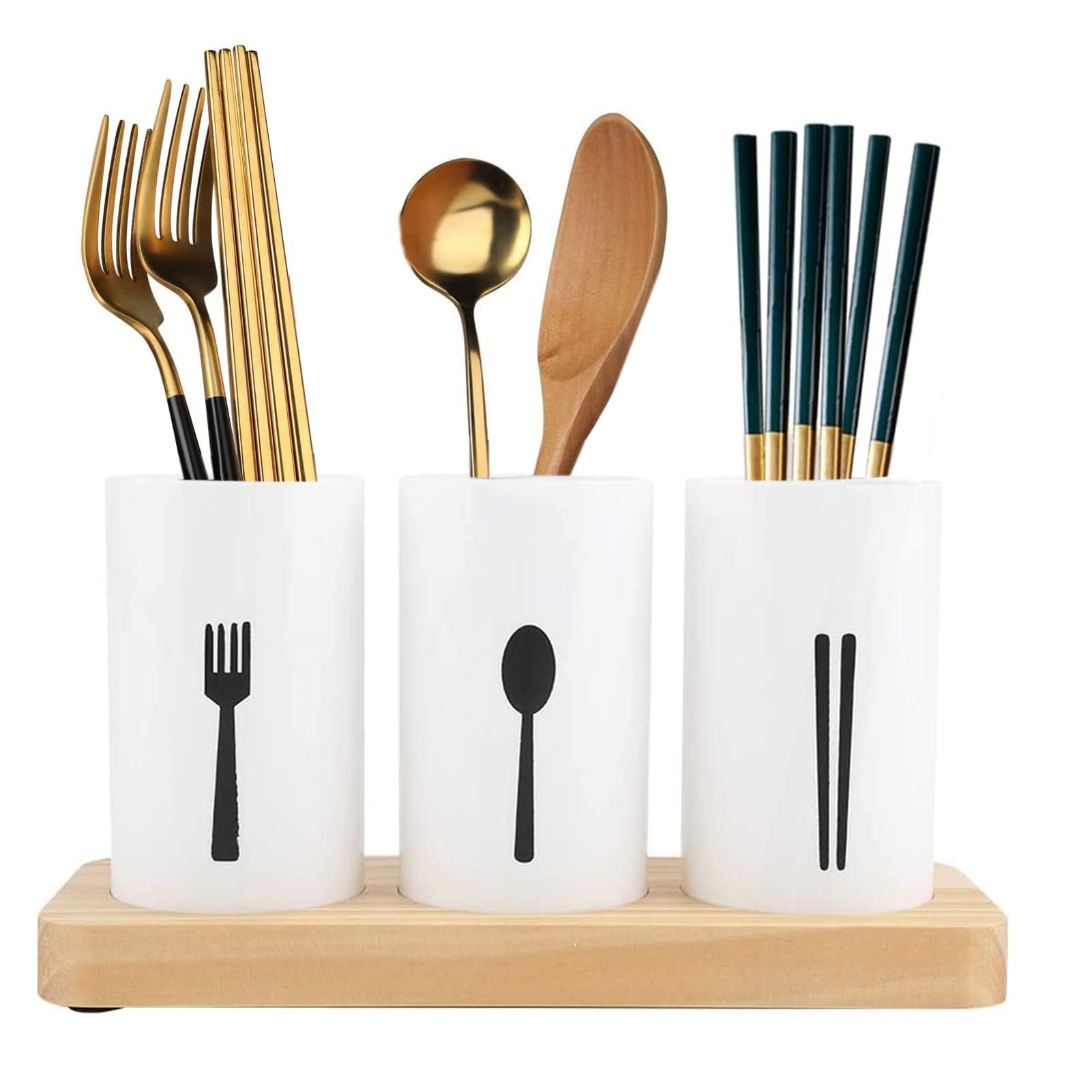 U-HOOME Kitchen Utensil Caddy,Flatware Organizer with Wood Base,Caddy Utensil Holder,Countertop Kitchen Utensil Organizer Flatware Caddy for Storing Cutlery, Spoons, Cooking Utensils, Gadgets