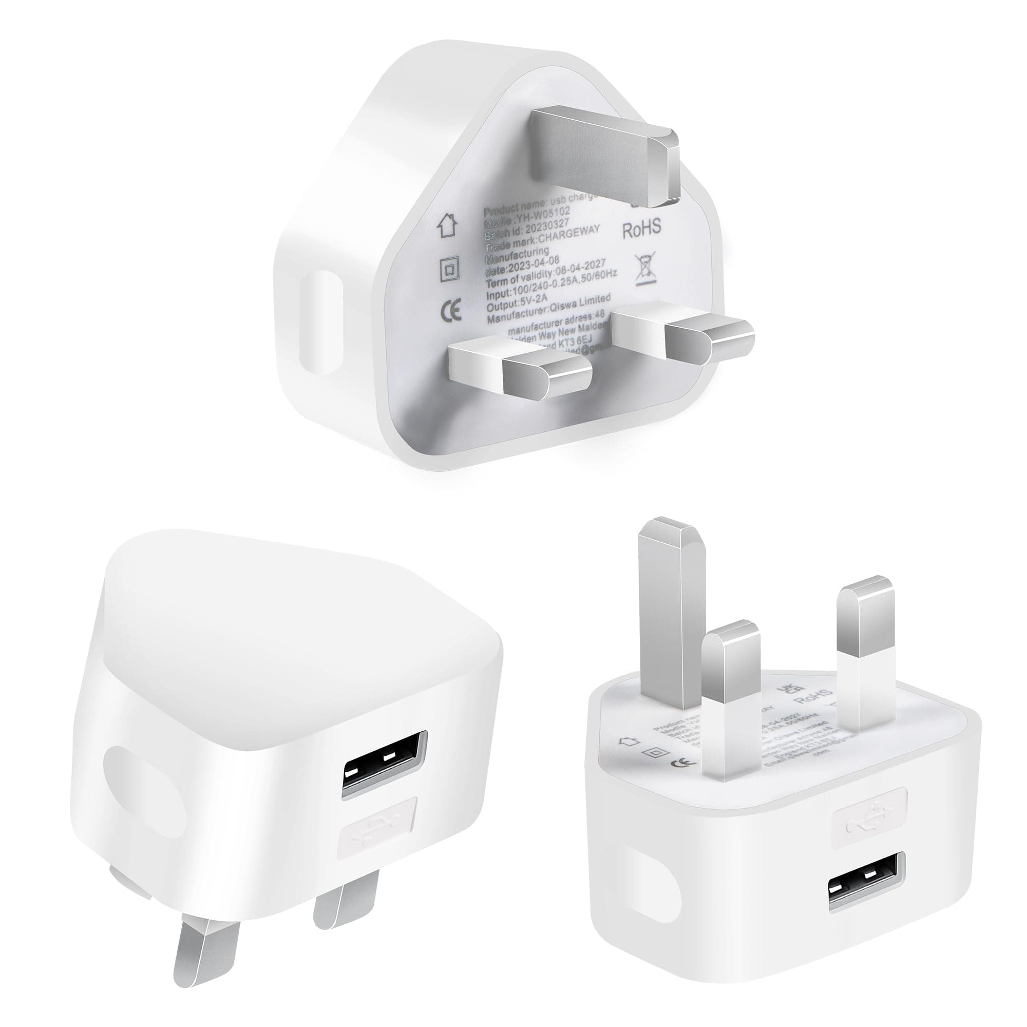 3 Pack White USB Plugs for iPhone & Other Mobiles - Compatible with Samsung & iPads - 3 Pin USB Adapter Plugs - UK Mains Chargers