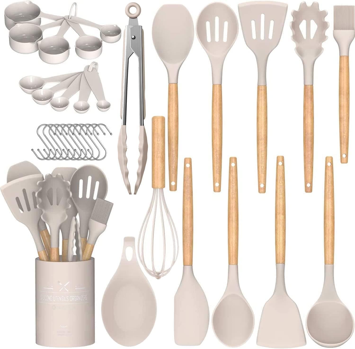 MOLOR 33 pcs Kitchen Cooking Utensils Set, Non-Stick Silicone Cooking Kitchen Utensils Spatula Set with Storage Bucket, Wooden Handle Silicone Kitchen Heat Resistant Gadgets Utensil Set