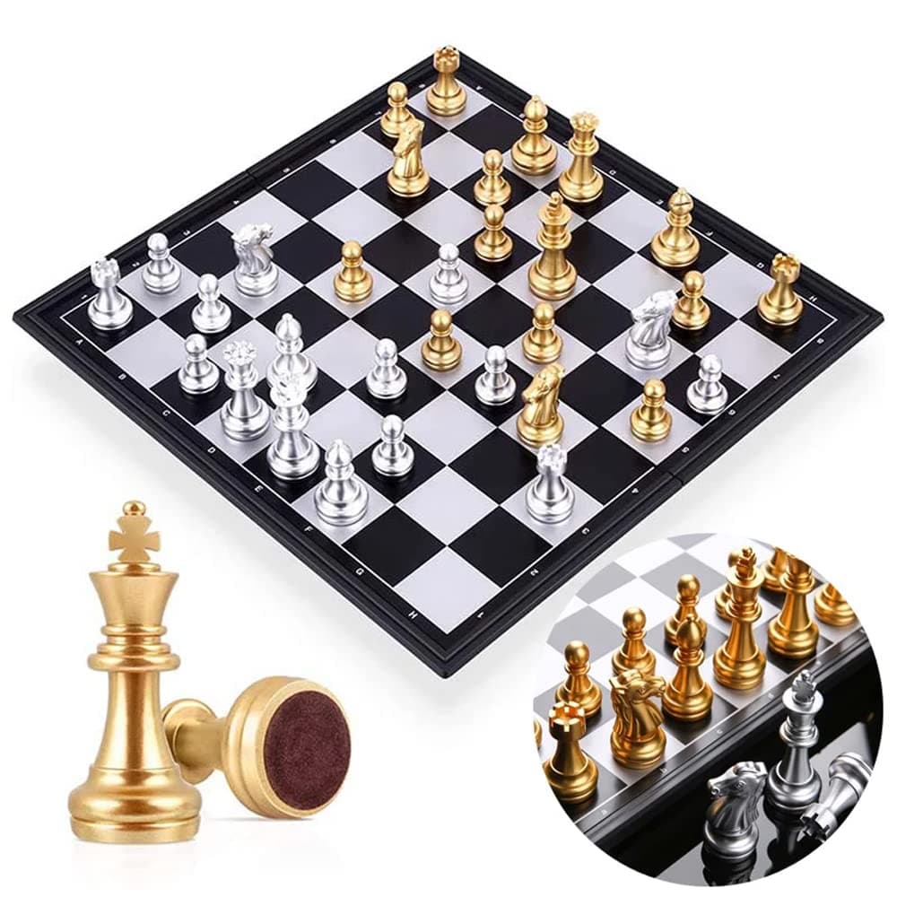 Chess Board Set Game, Magnetic Chess Piece Set with Chess Folding/Portable Storage Board, Traditional Game, Educational Toys for Kids/Children/Adults Gift (Gold/Silver, 25x25x2cm)