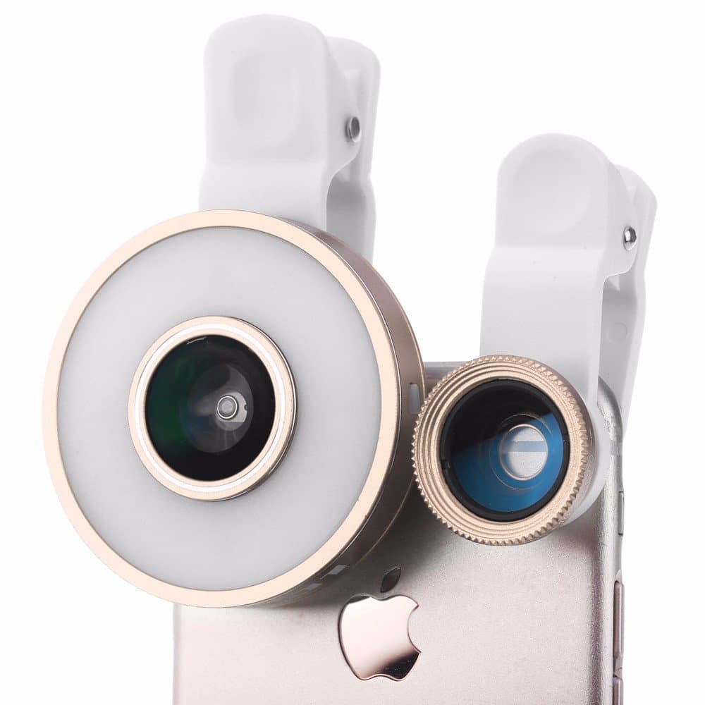 [ MX-601 ] Universal LED Dimmable Selfie Light Fill-in Light + 0.65X Wide Angle Lens + 10X Macro Lens+185 Degree Fisheye Lens Kit for iPhone 7 6S Plus Samsung Galaxy S7 Edge (1) (Gold)