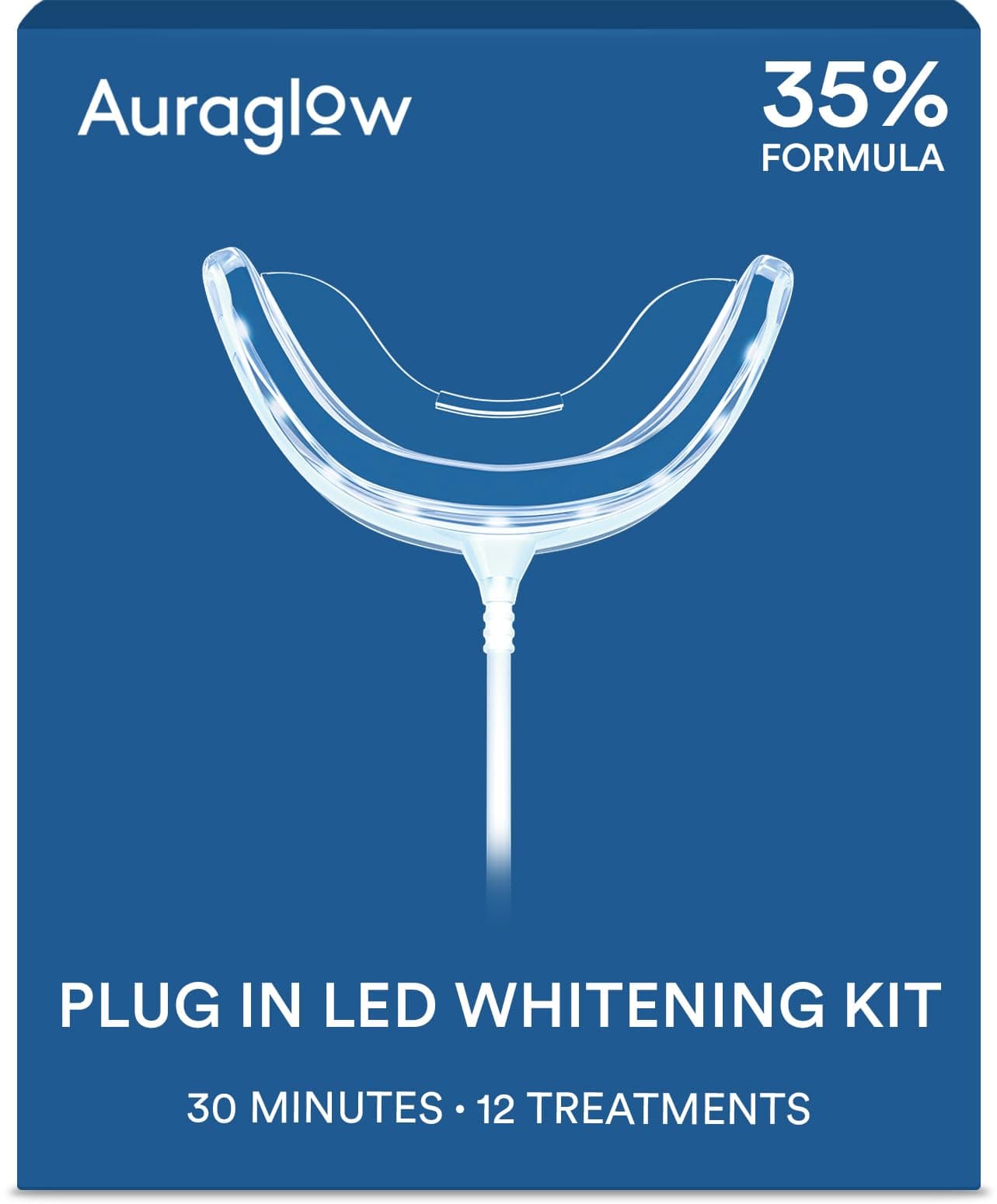Auraglow Plug-in LED Teeth Whitening Kit – Wired Light Device – 35% Carbamide Peroxide Gel – 12 Treatments – at-Home Tooth Whitening System – Enamel-Safe at-Home Whitening for Coffee & Tea Stains