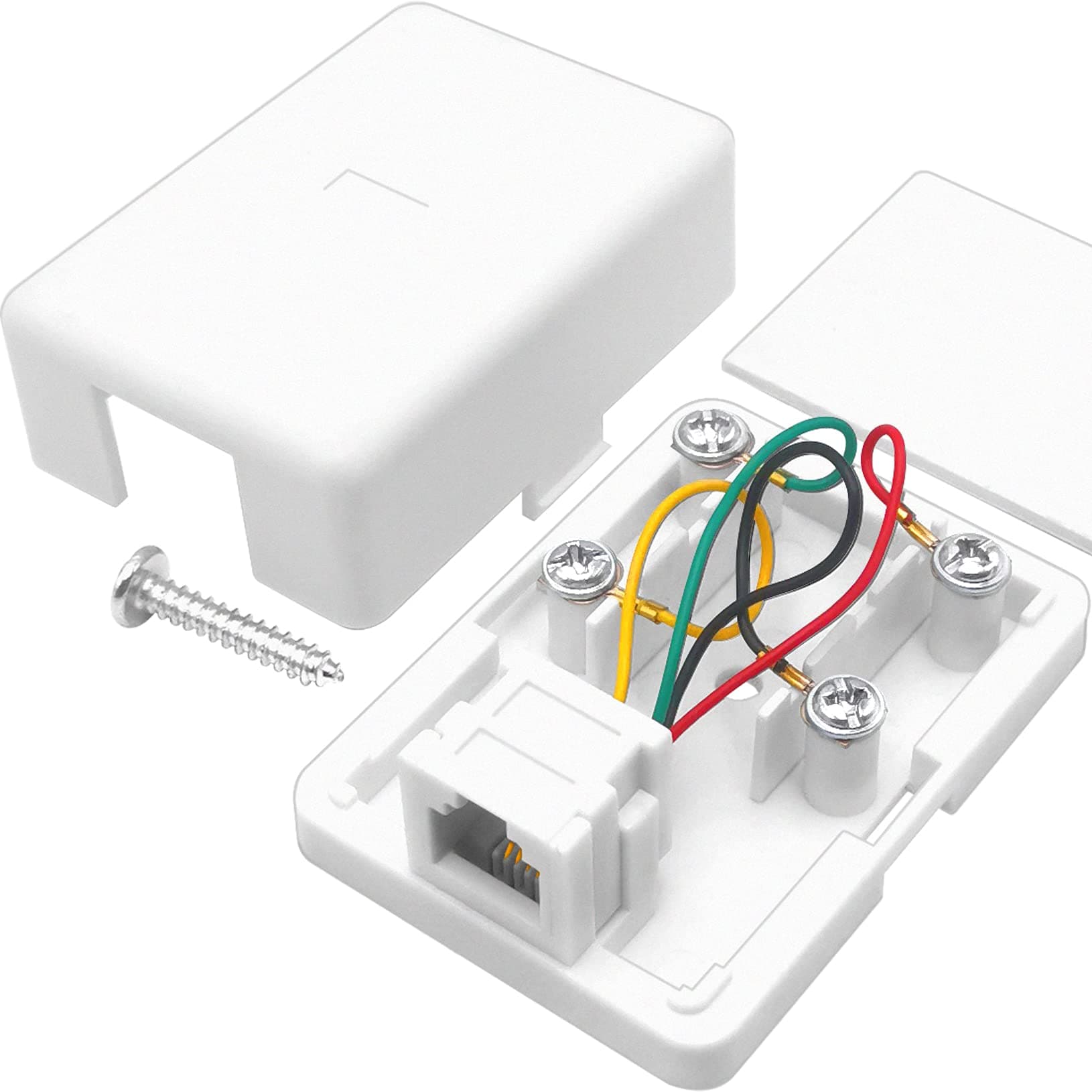 NECABLES Phone Jack Surface Mount Single Port Telephone Jack Box 4 Screw Terminals to 1 RJ11 6P4C Female White