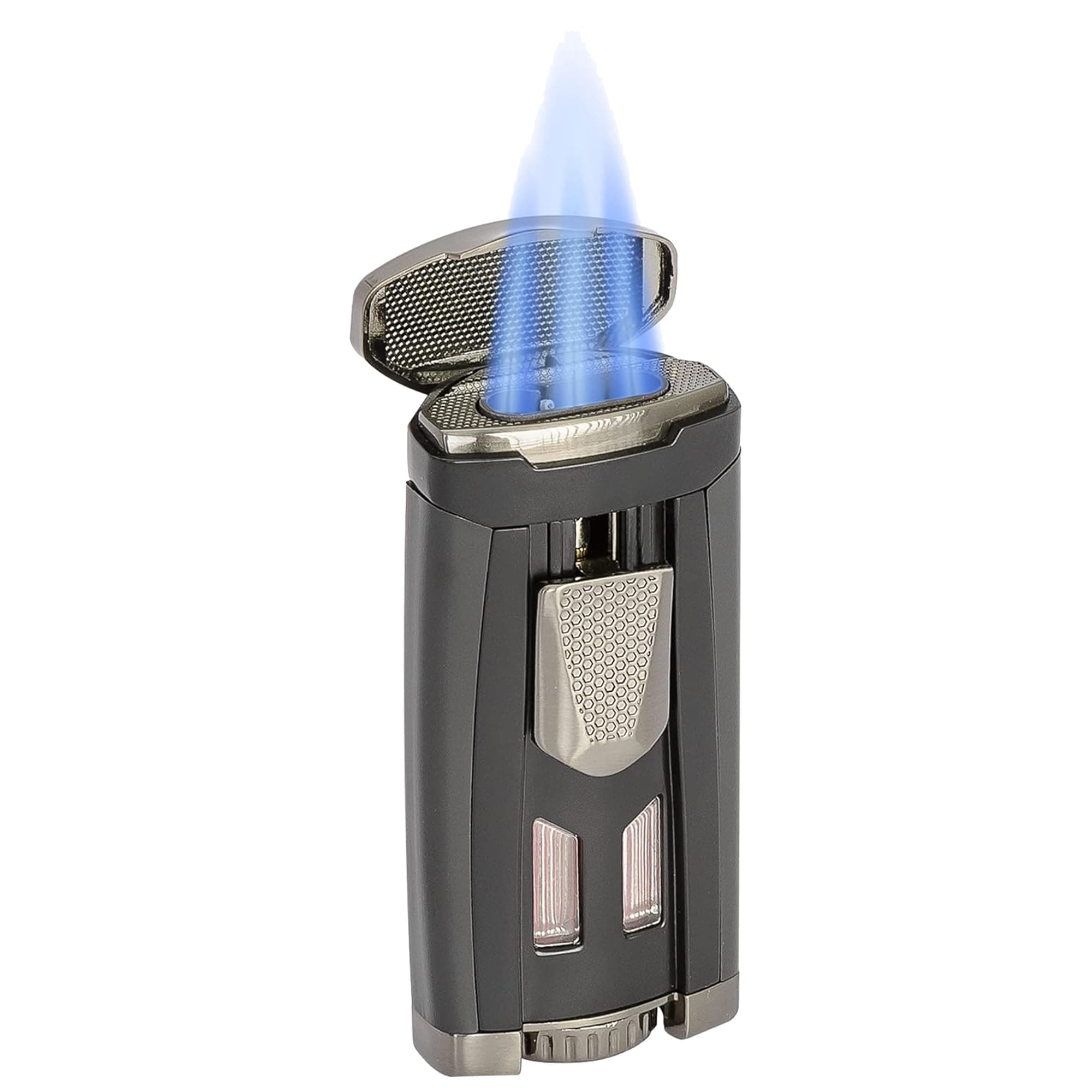 HP3 Triple Jet Flame Butane Torch Lighter, Silver | Wind Resistant, Refillable Fuel Tank with EZ-View Window, Adjustable Flame, Easy Push Ignition, Flip-Top Lid, High Altitude Tested